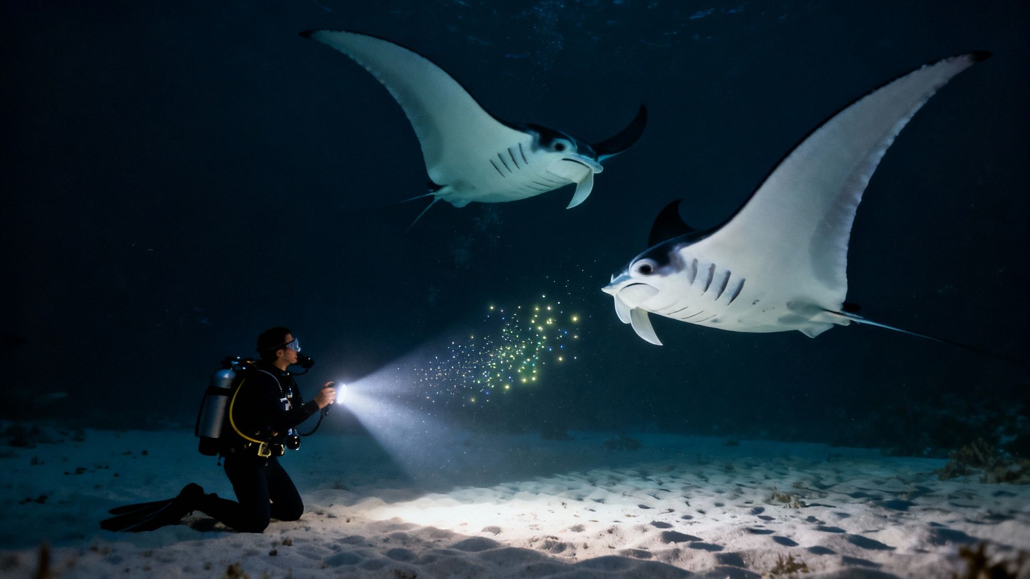 A scuba diver shines a light on glowing plankton, attracting two manta rays at night.