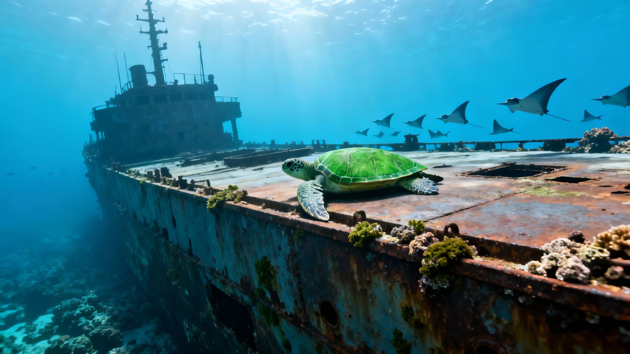 A green sea turtle swims over a shipwreck off the coast of Oahu, Hawaii.