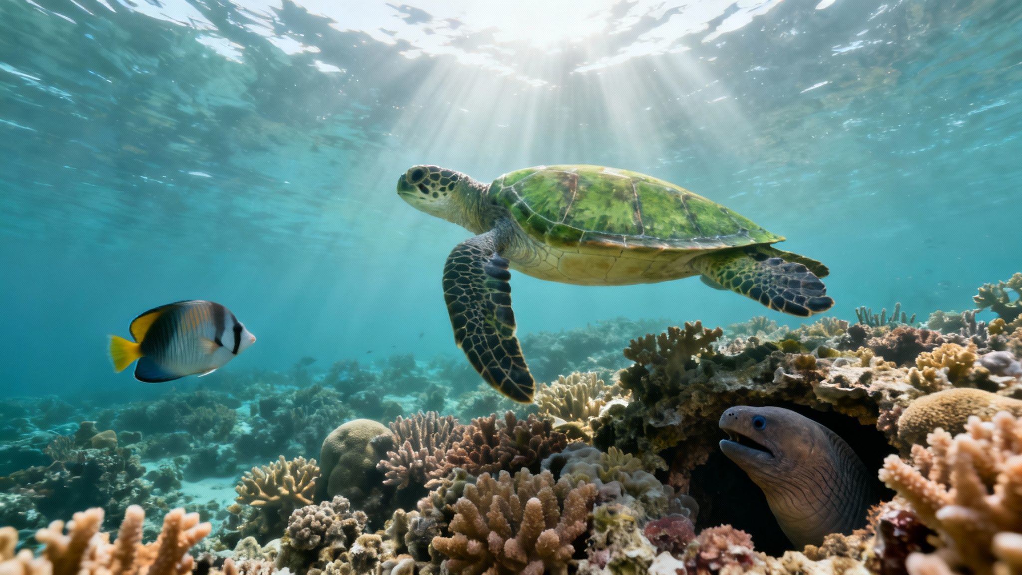 A vibrant underwater scene with a green sea turtle swimming over a coral reef, a butterflyfish, and a moray eel.