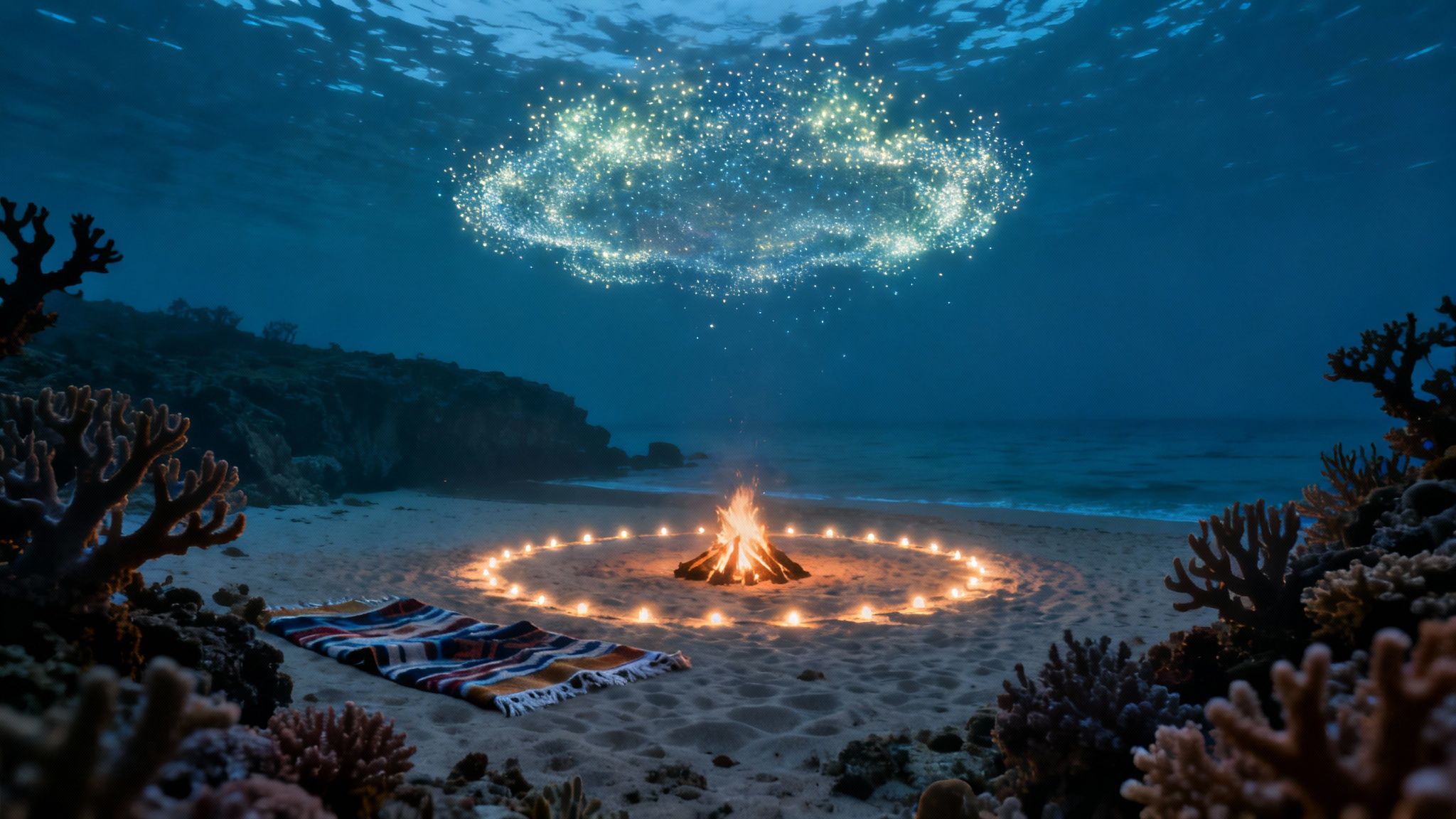 Magical night scene: underwater coral frames a beach with a bonfire, glowing circle, and sparkling cloud.