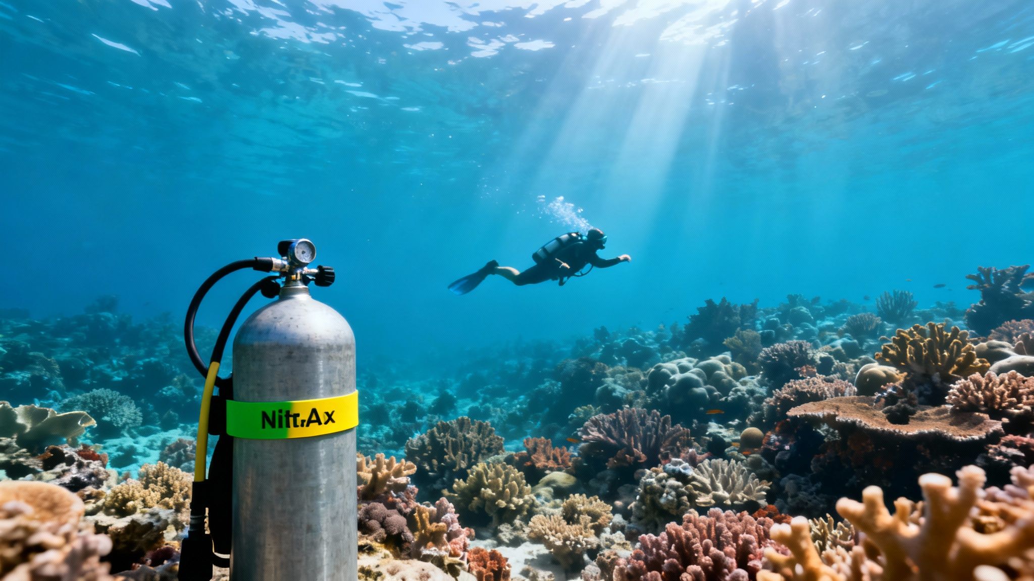 A diver swims near a Nitrox tank in a vibrant coral reef, with sunlight filtering through the ocean surface.