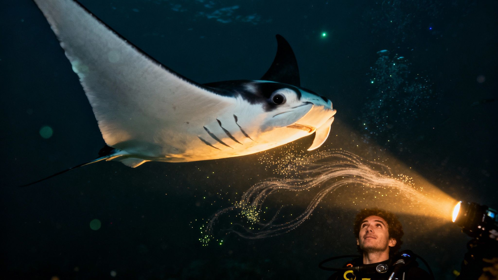 A giant manta ray gracefully glides through the dark water, illuminated by dive lights, with divers watching from the seafloor.