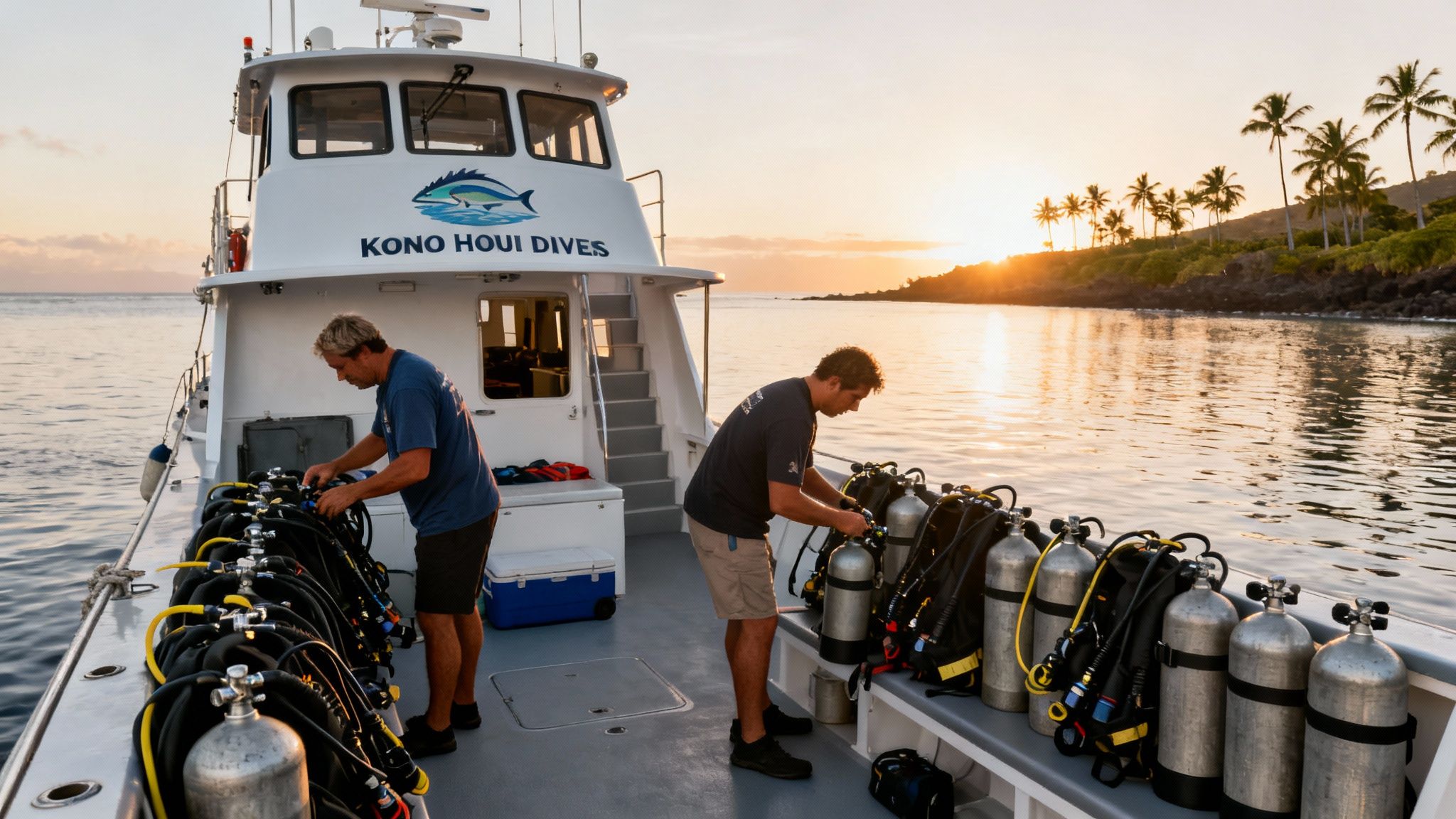 Two divers prepare scuba gear on the "KONO HOUI DIVES" boat at a scenic sunset.