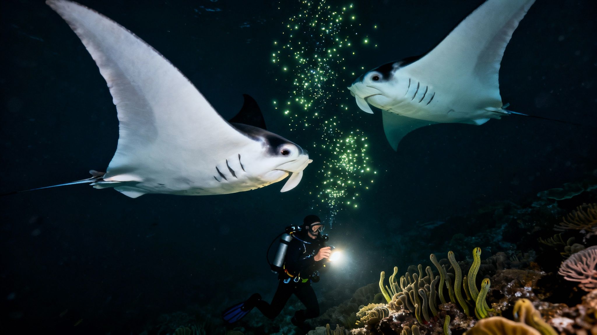 A scuba diver shines a light on two giant manta rays swimming in the dark ocean with coral.