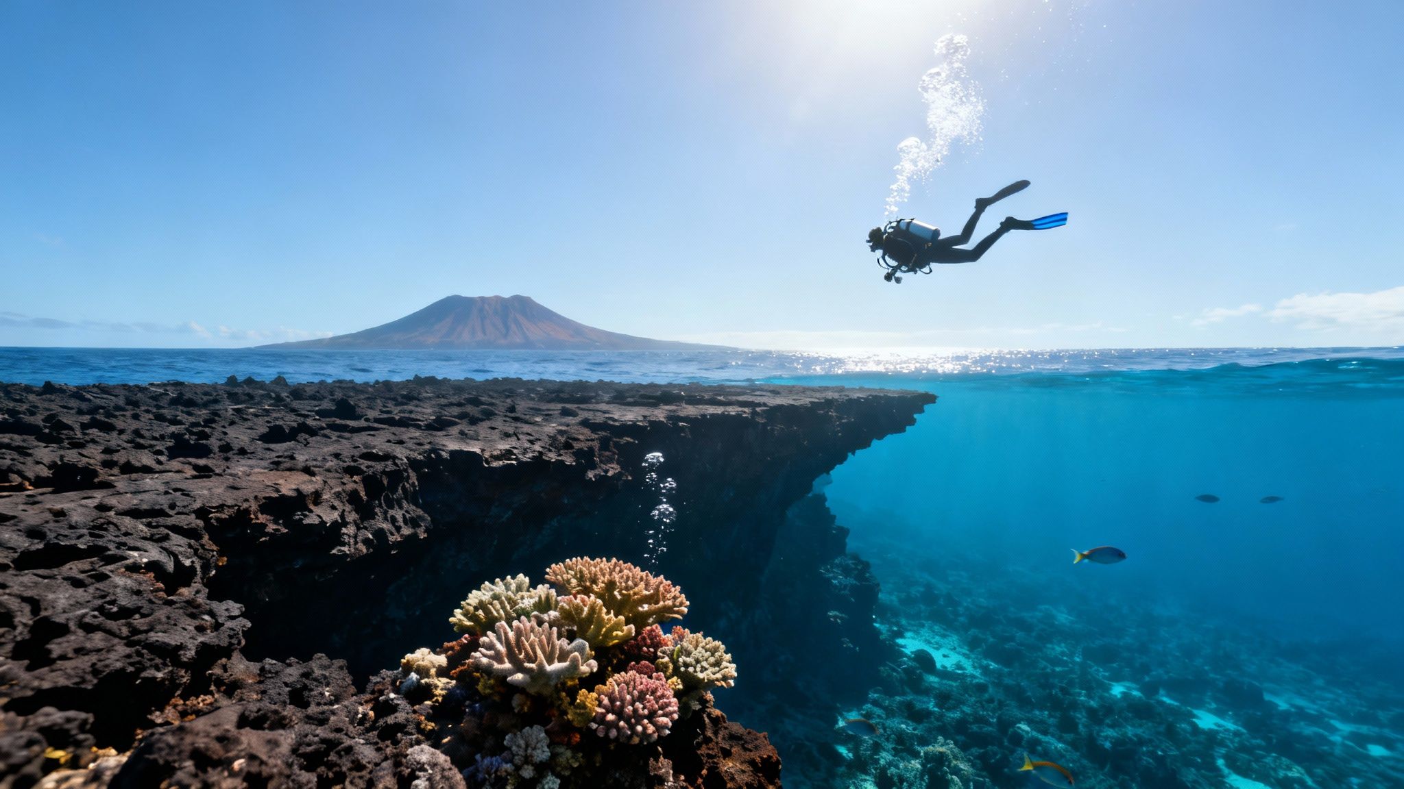A scuba diver explores a vibrant coral reef underwater with a volcanic island in the distance.