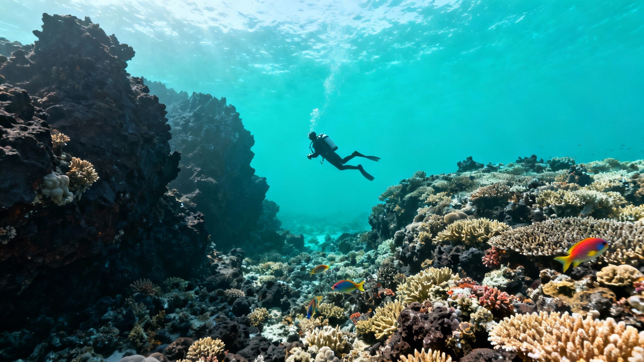 A scuba diver explores a vibrant coral reef filled with colorful tropical fish in clear blue water.