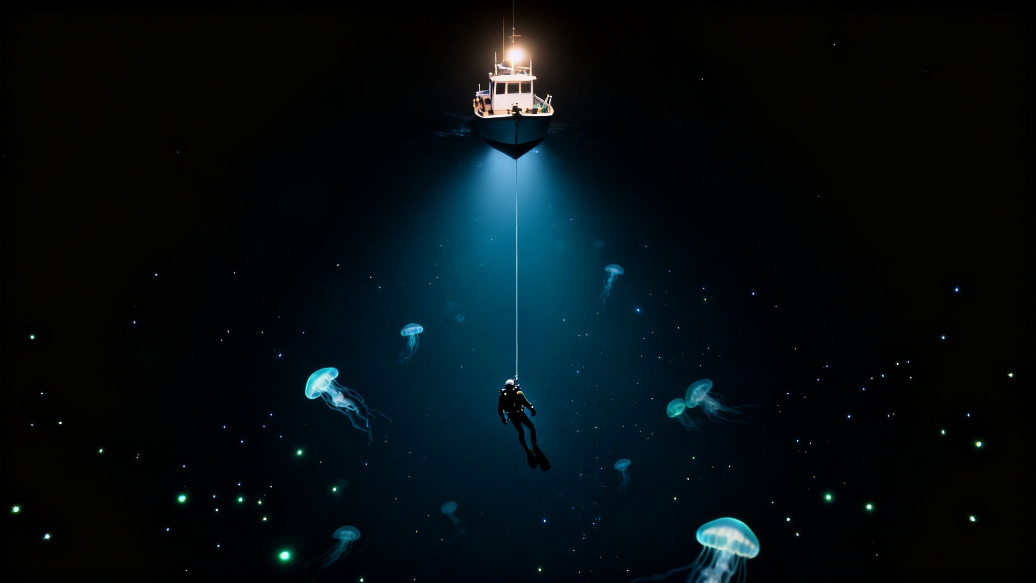 A diver descends into a dark ocean, illuminated by a boat's light, surrounded by glowing jellyfish.