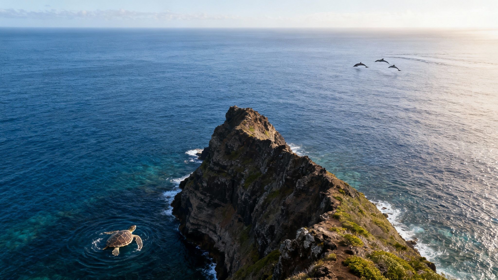A sea turtle swims near a rocky cliff while three dolphins leap from the bright blue ocean.