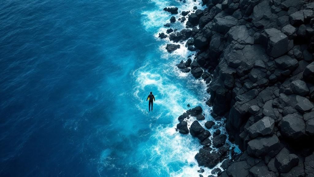 A scuba diver swims through a lava arch in the clear blue waters of the Big Island.