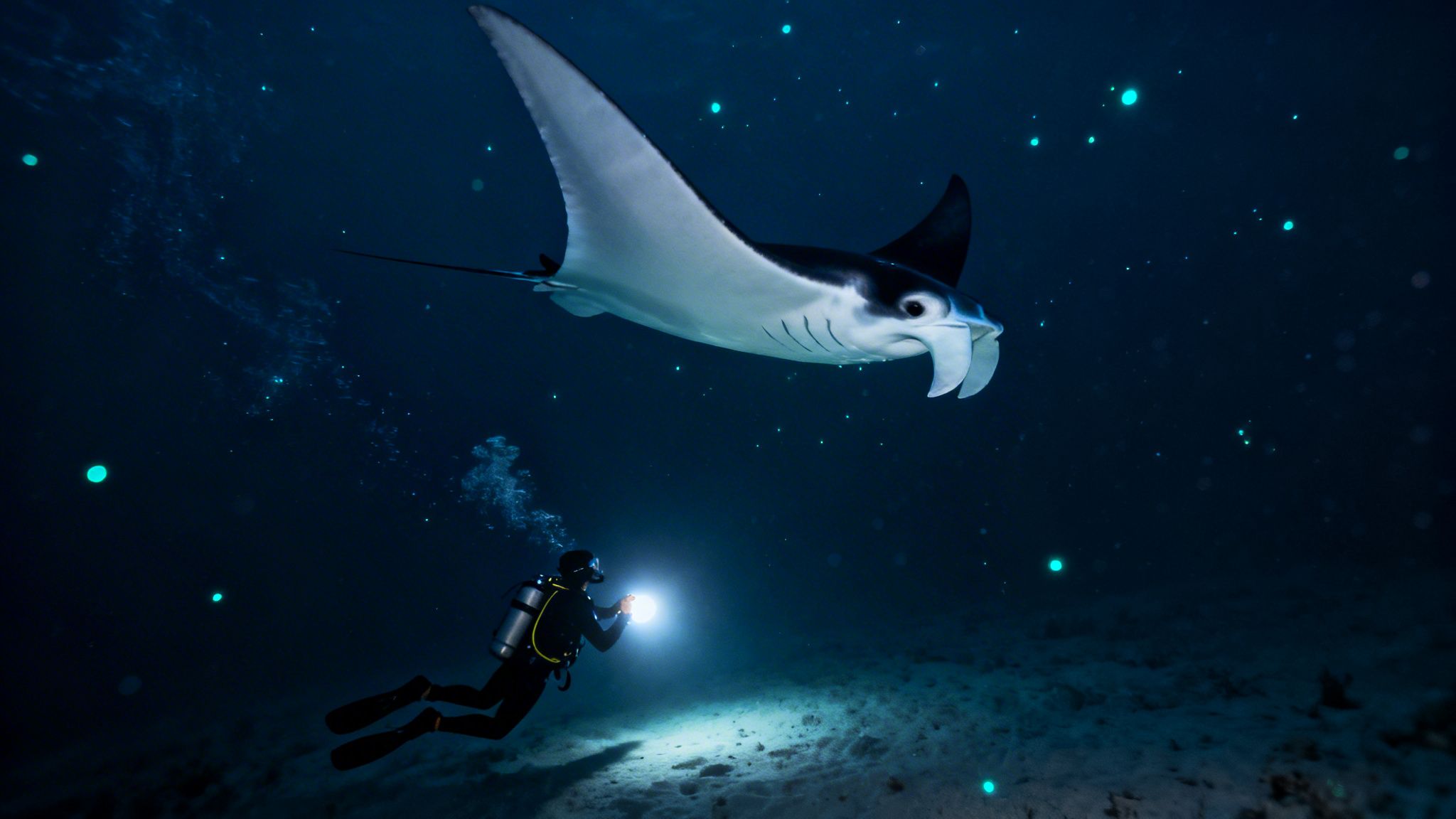 Scuba diver with a bright flashlight encounters a large manta ray in the deep blue ocean, surrounded by bioluminescence.