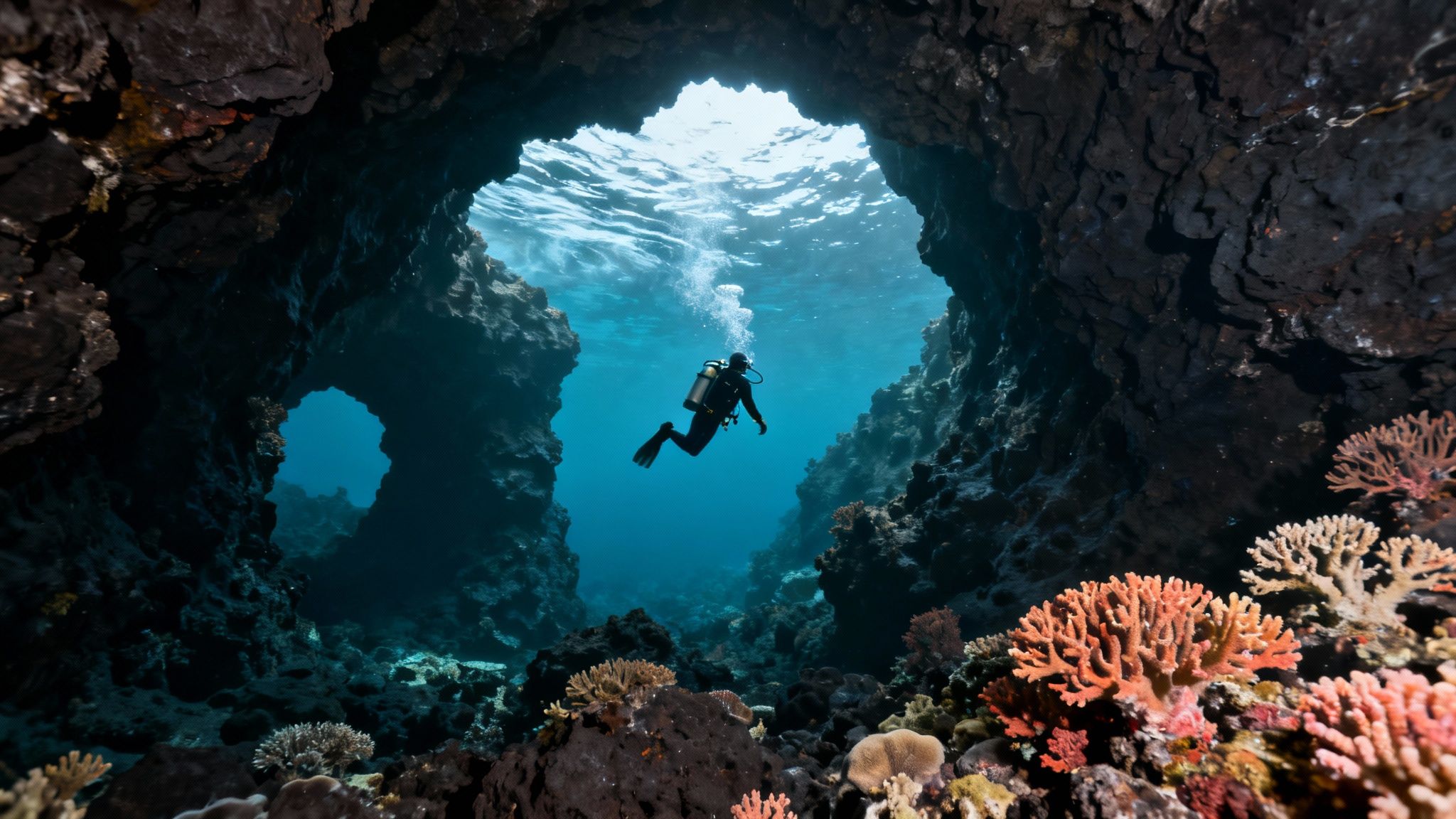 A scuba diver explores a volcanic archway underwater in Kona