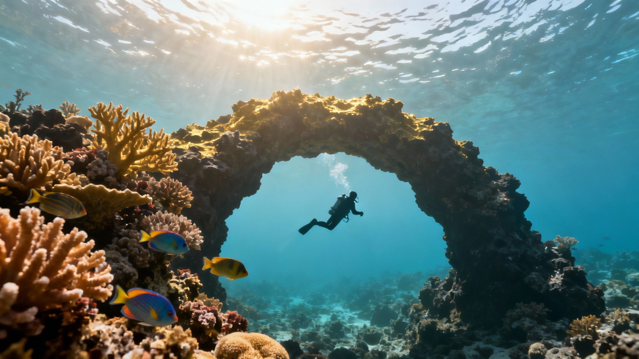 A school of yellow tang fish swims over a healthy coral reef in clear blue water.