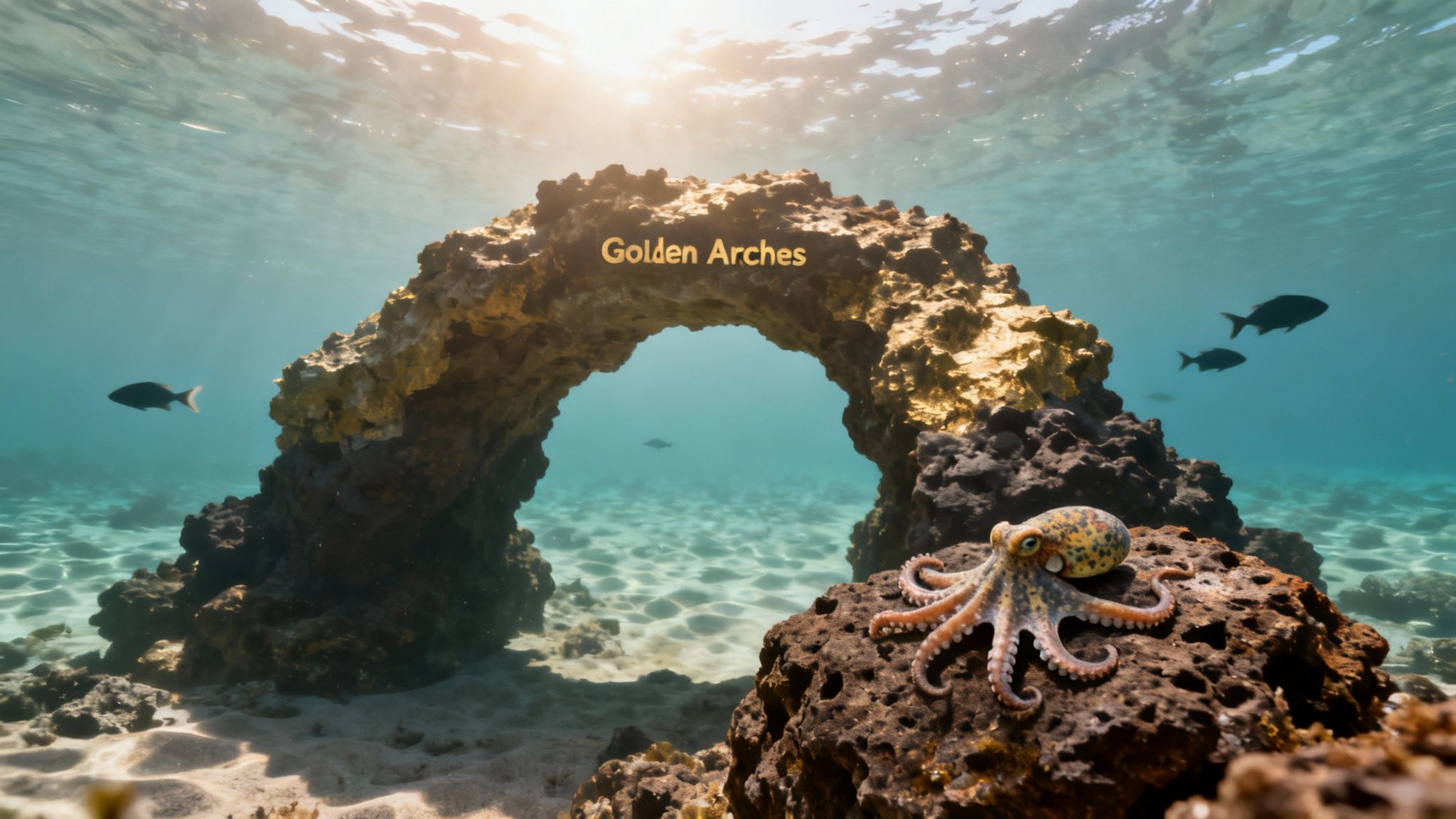 A scuba diver swims through a lava arch in Kona, with green sea turtles nearby.
