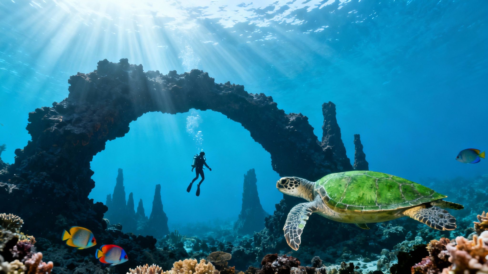 A vibrant underwater scene with a scuba diver, green sea turtle, and colorful fish near a coral arch with sun rays.