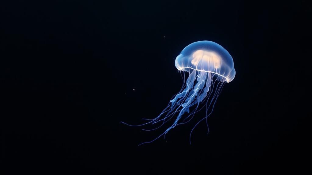 A scuba diver at night making an OK sign with their dive light.
