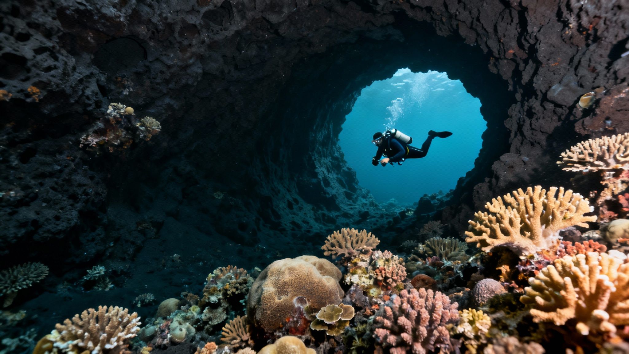 A scuba diver explores a unique underwater lava tube formation in Kona, with light streaming in from an opening above.