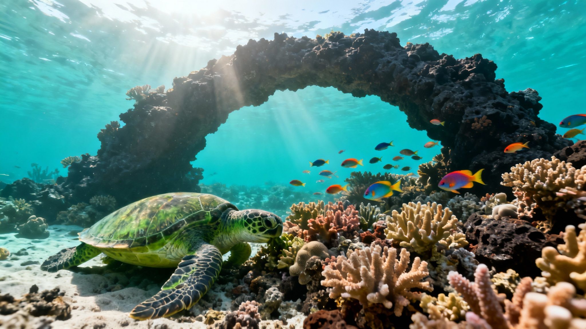 Green sea turtle swims among colorful fish and coral reef under sunlit clear blue water.