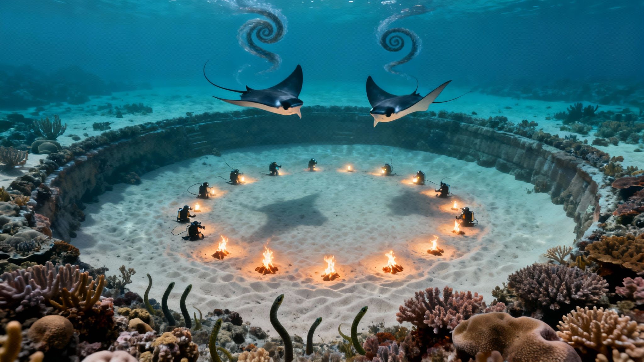 Underwater scene with divers forming a glowing circle around bonfires, two manta rays above.