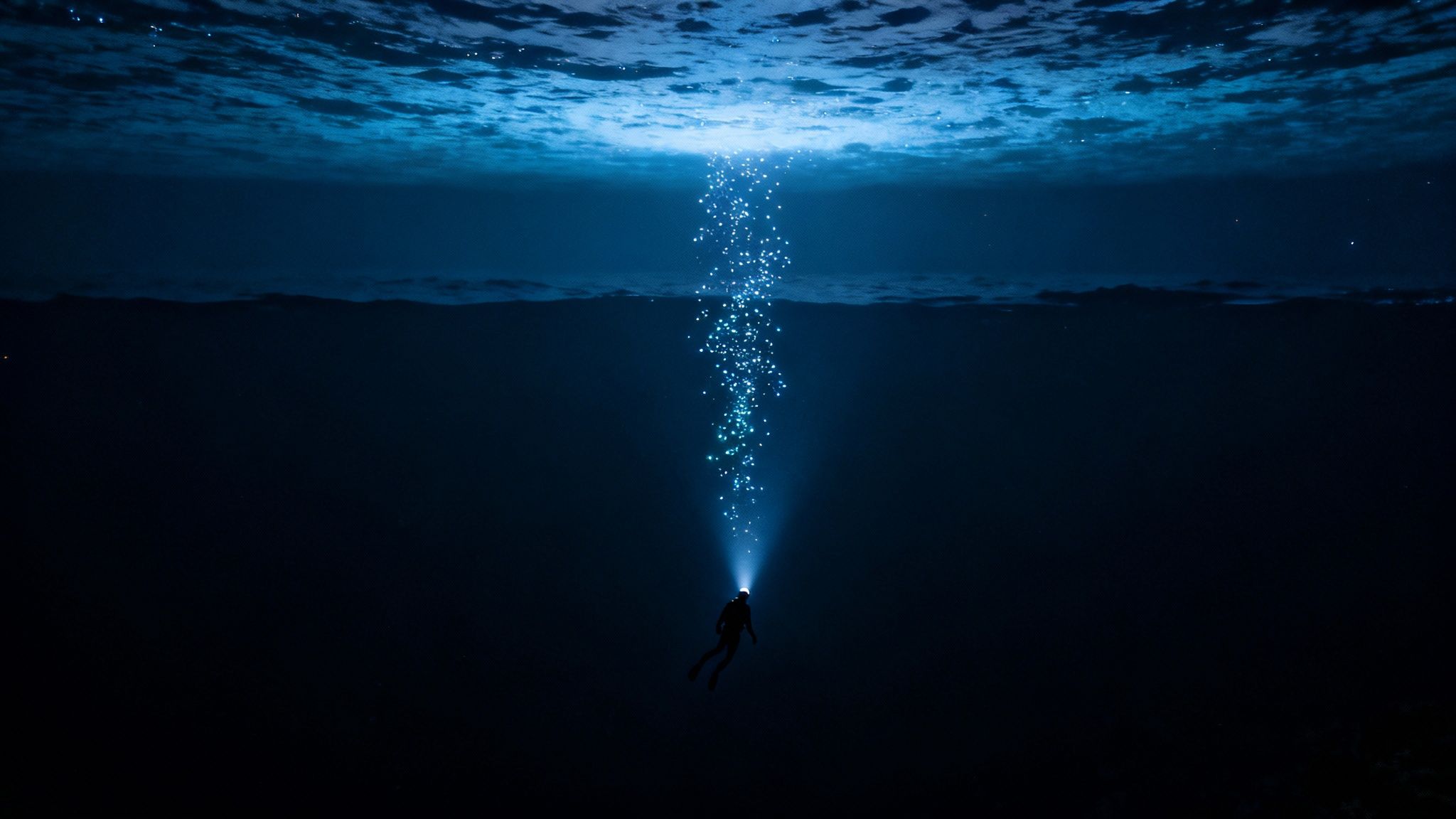 A diver in deep blue water shines a flashlight upwards, illuminating a stream of bubbles.