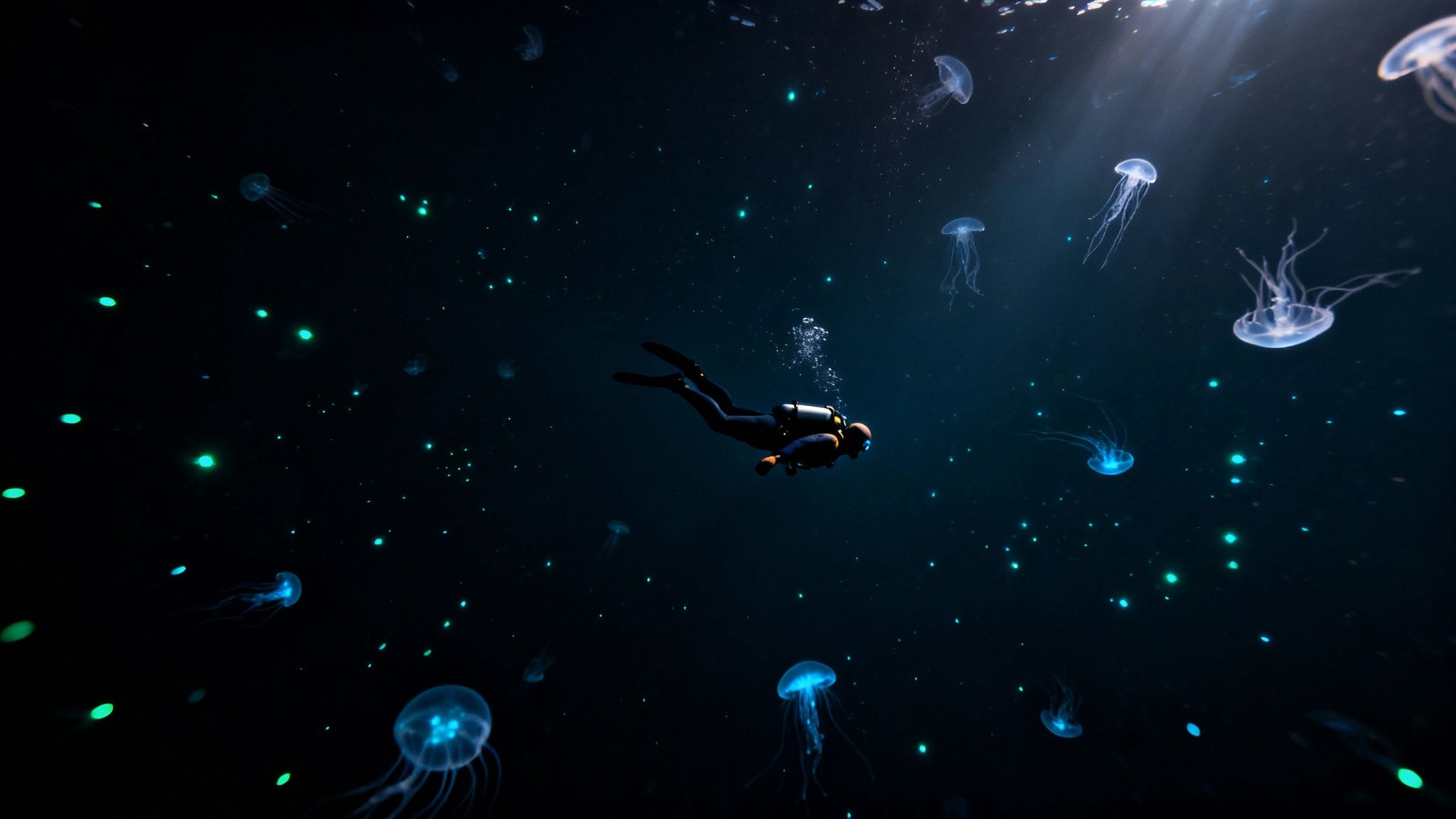 A lone scuba diver floats among glowing jellyfish and bioluminescent plankton in a deep dark ocean.