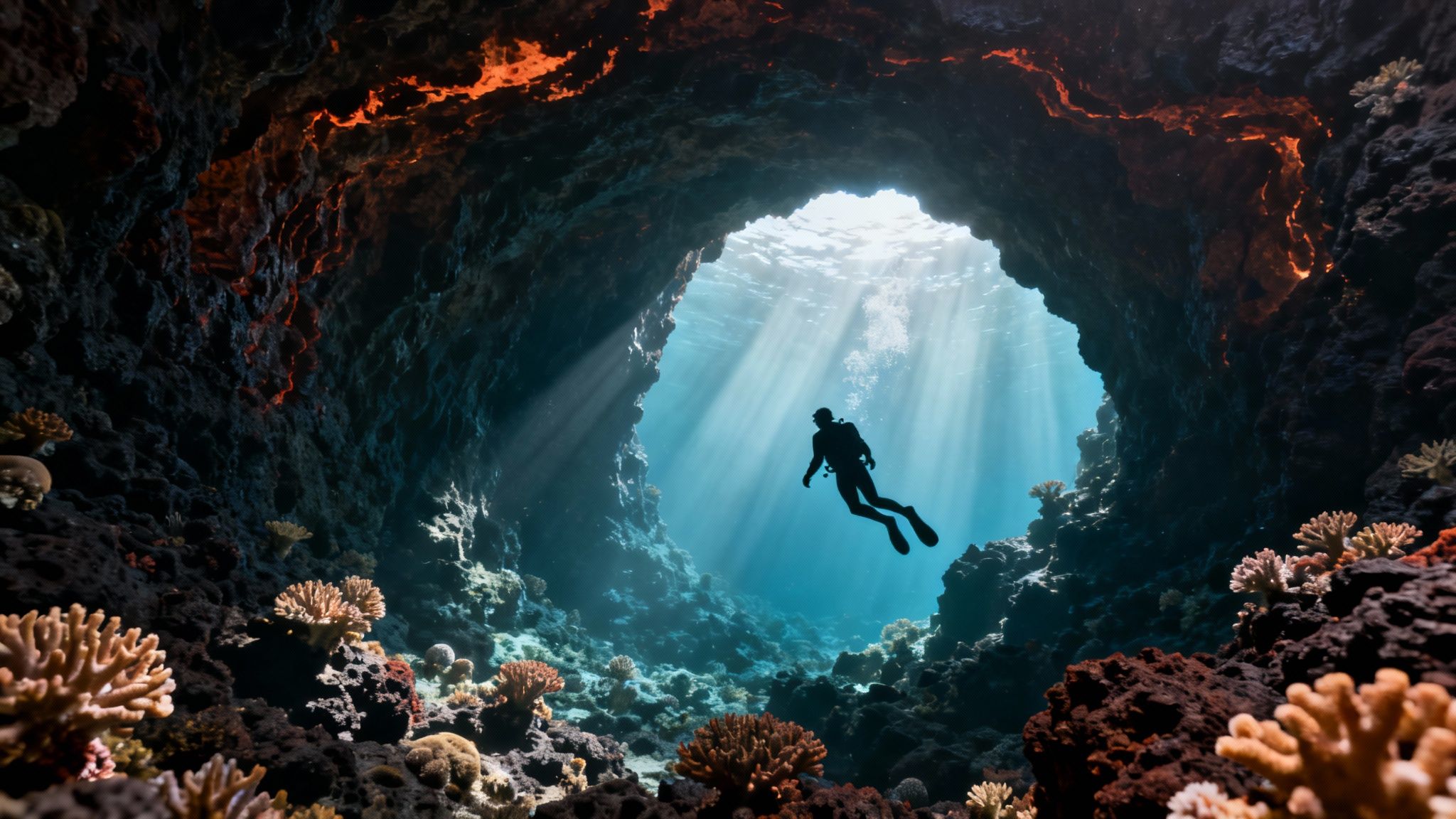 A lone diver explores a mesmerizing underwater cave, bathed in ethereal light rays amidst vibrant coral.