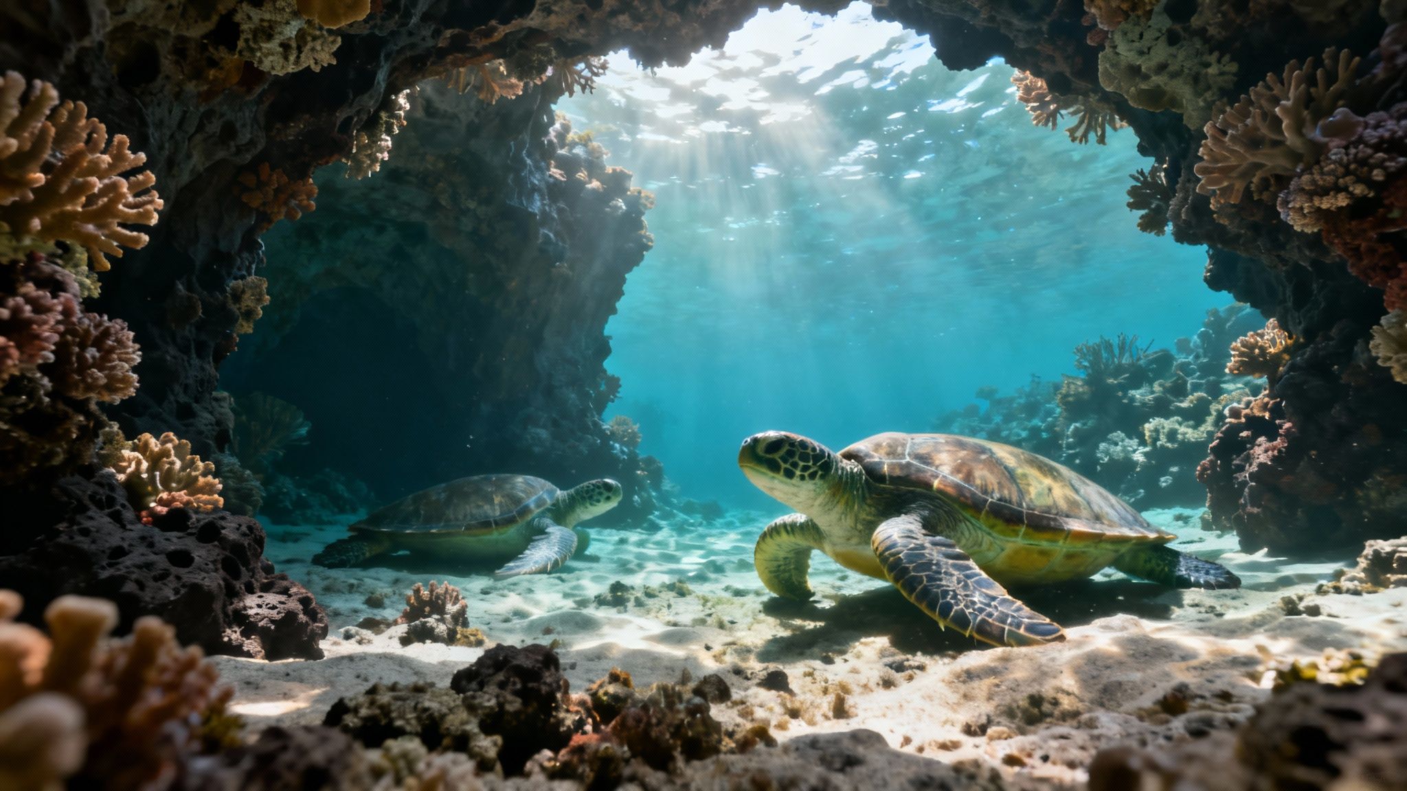 A Hawaiian green sea turtle swims gracefully over a pristine coral reef in Kauai.