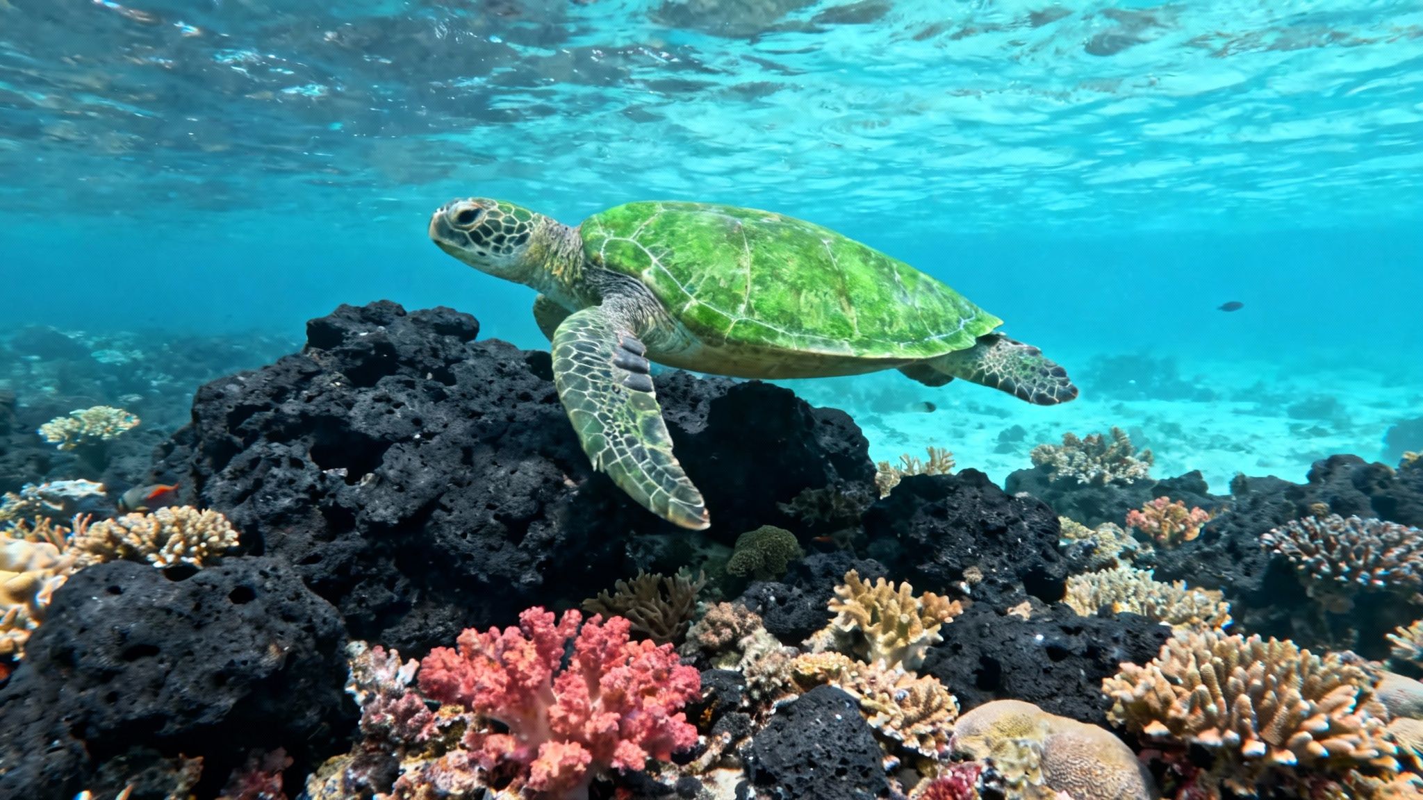 Green sea turtle swimming gracefully over a Hawaiian coral reef