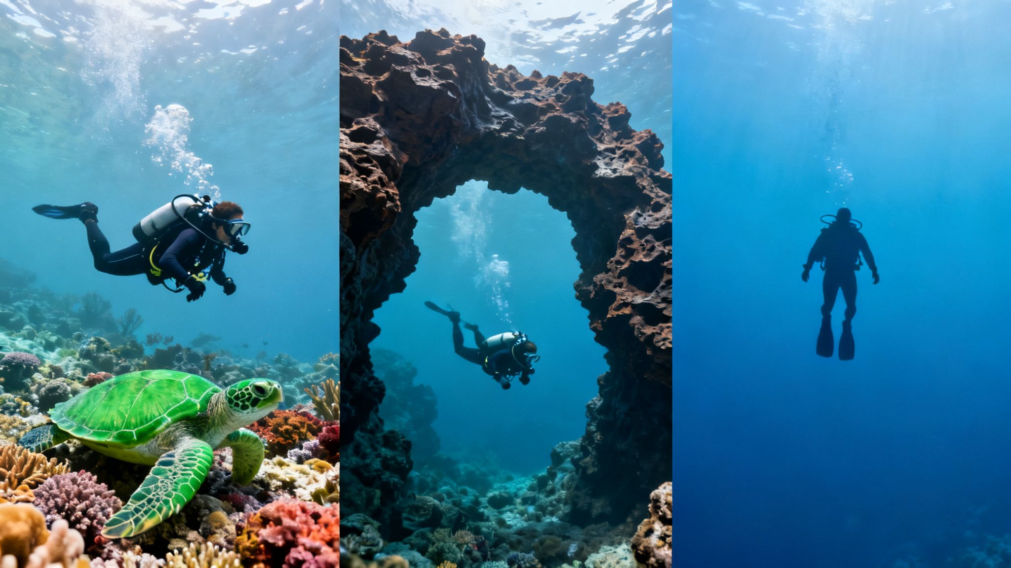 Three captivating images showcasing scuba divers exploring vibrant coral reefs, a majestic sea turtle, and an underwater arch.