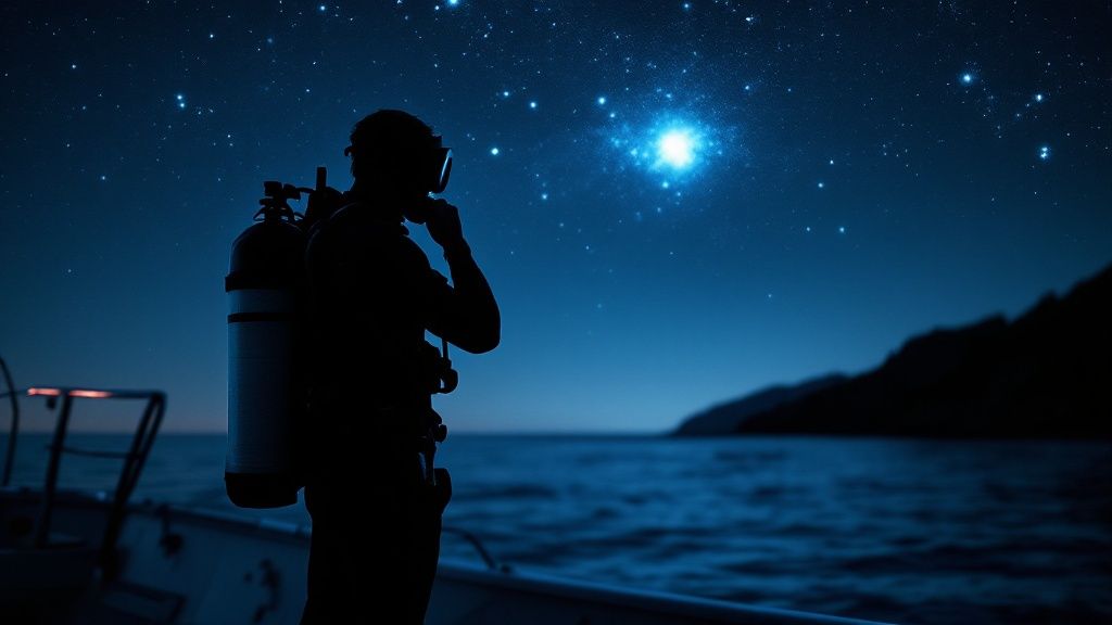 A group of scuba divers exploring a coral reef at night with their dive lights illuminating the scene.