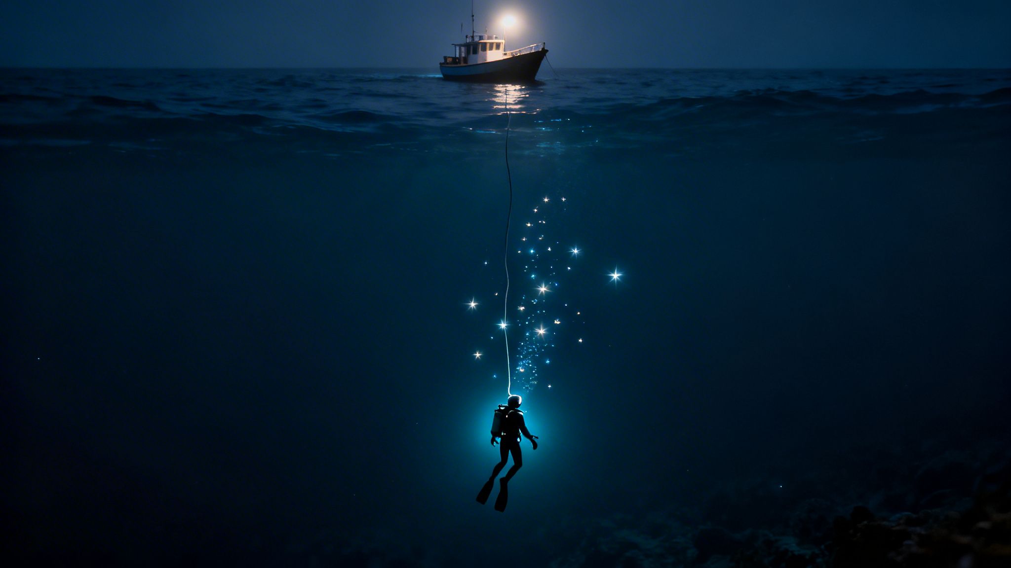A glowing diver ascends from deep dark ocean, connected by a rope to an illuminated boat above.