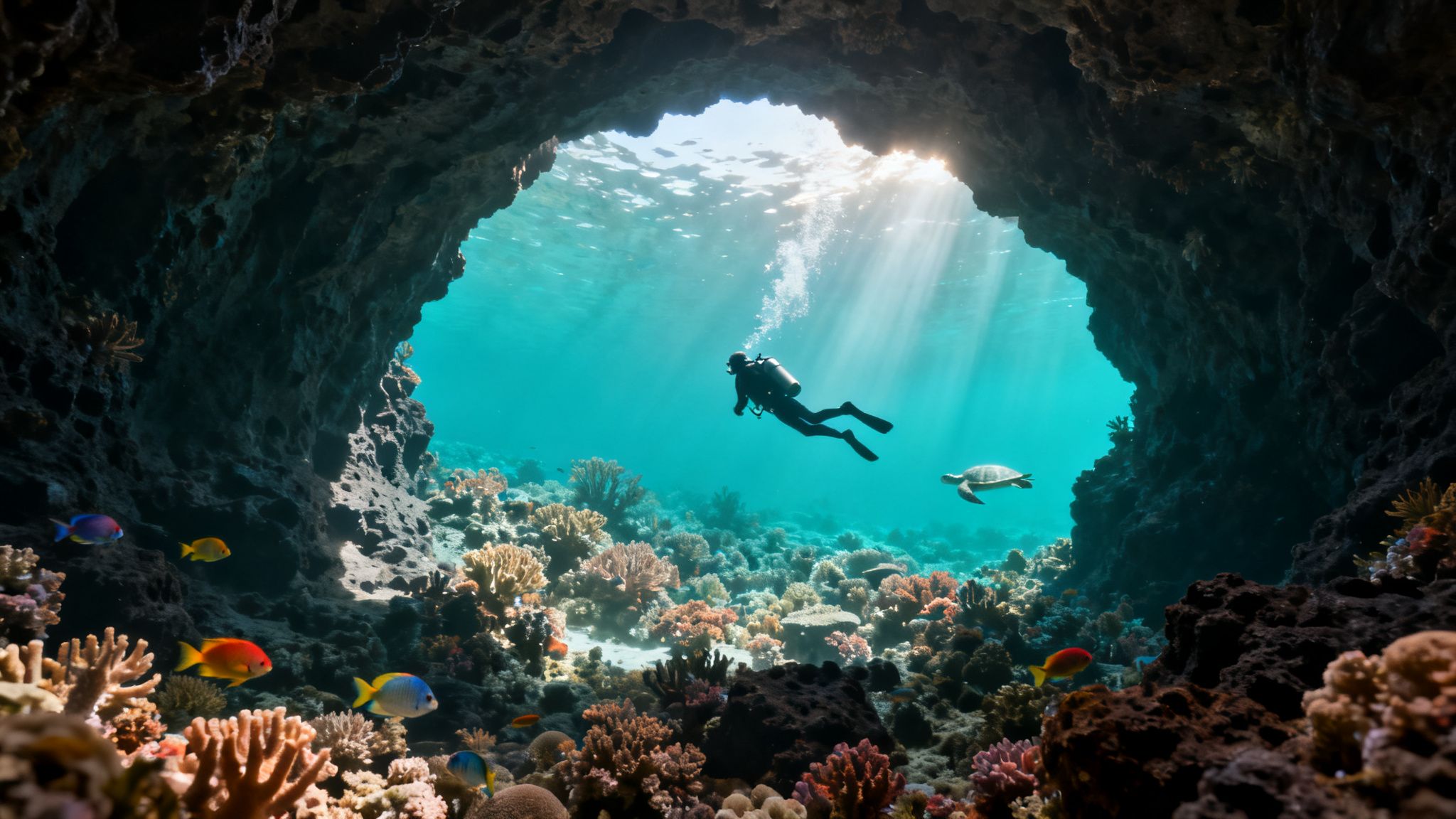 A scuba diver and a sea turtle explore a vibrant coral reef inside a sunlit underwater cave.