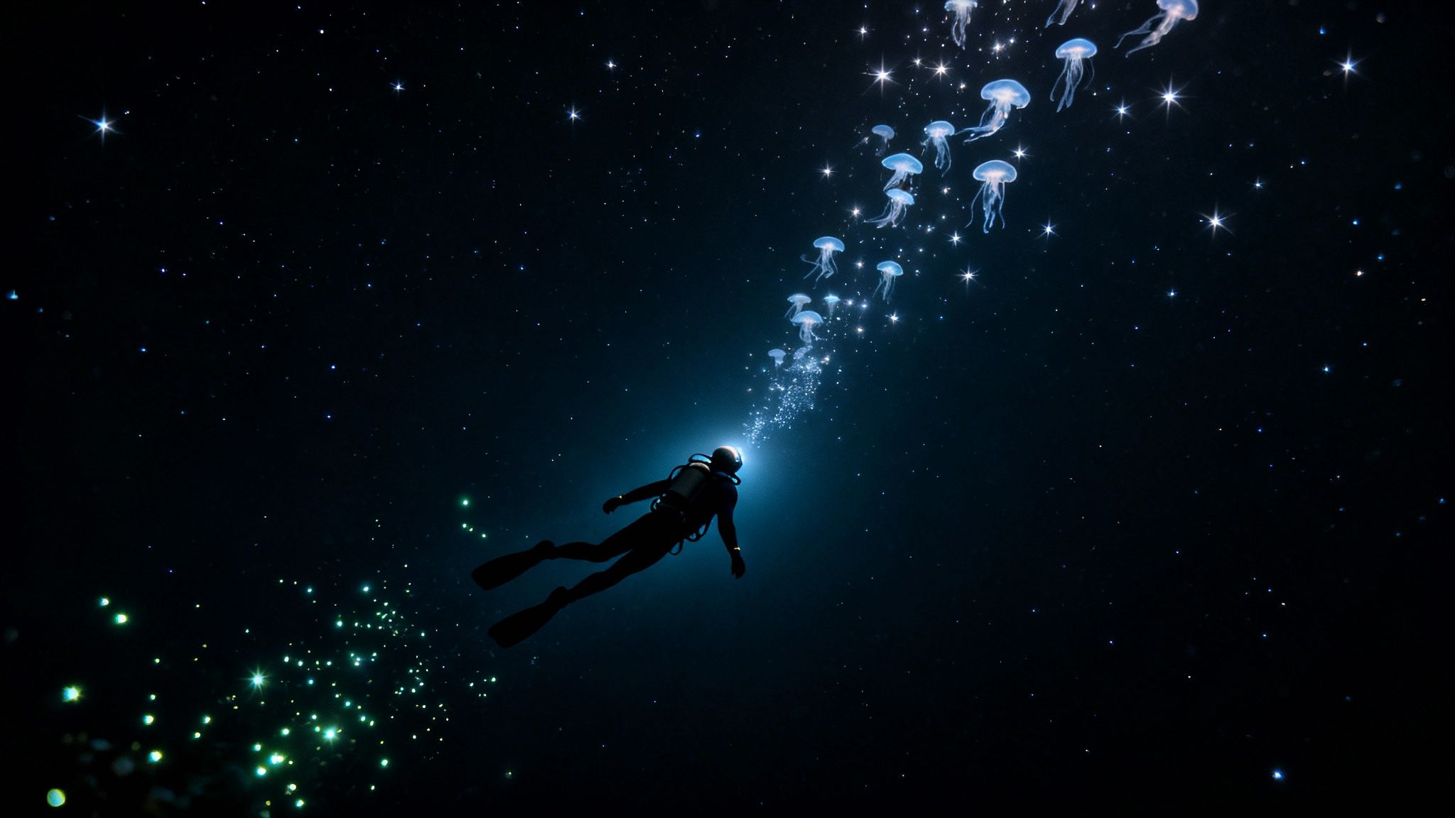 A surreal image of a scuba diver exploring a star-filled ocean with glowing jellyfish.