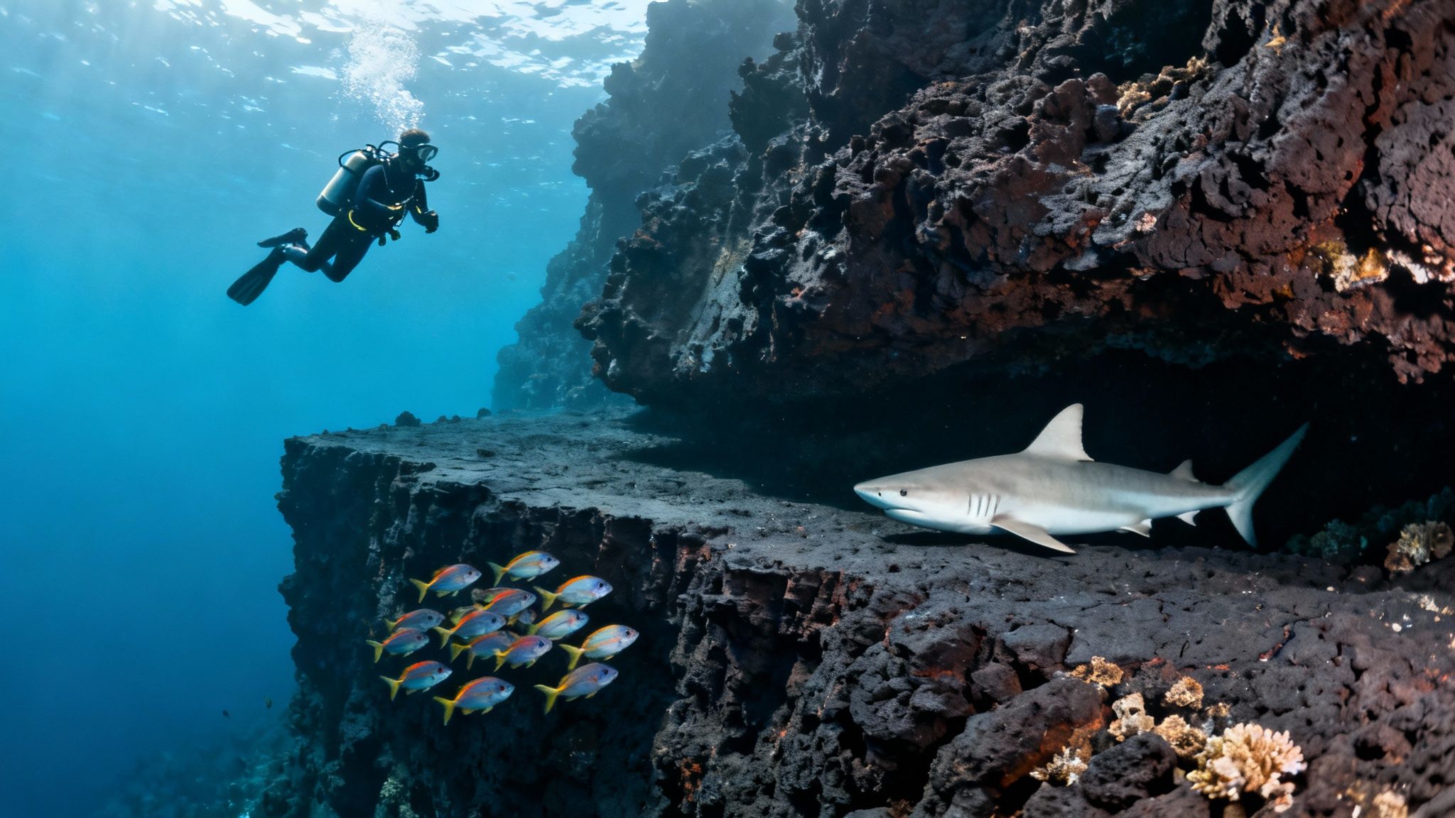 Scuba divers exploring a vibrant coral reef on the big island of hawaii.