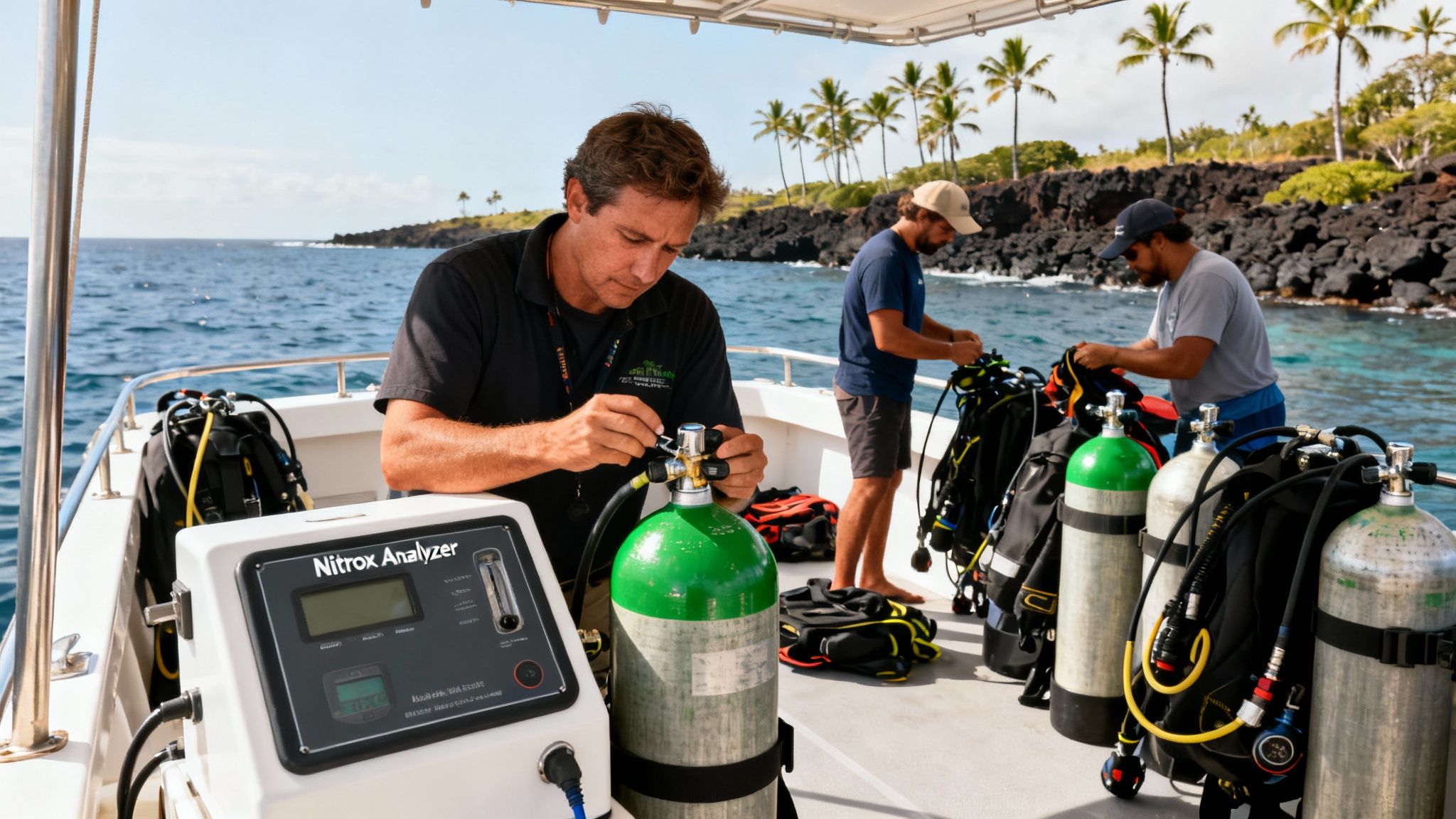 Men on a boat preparing scuba diving gear and checking tanks with a Nitrox analyzer.
