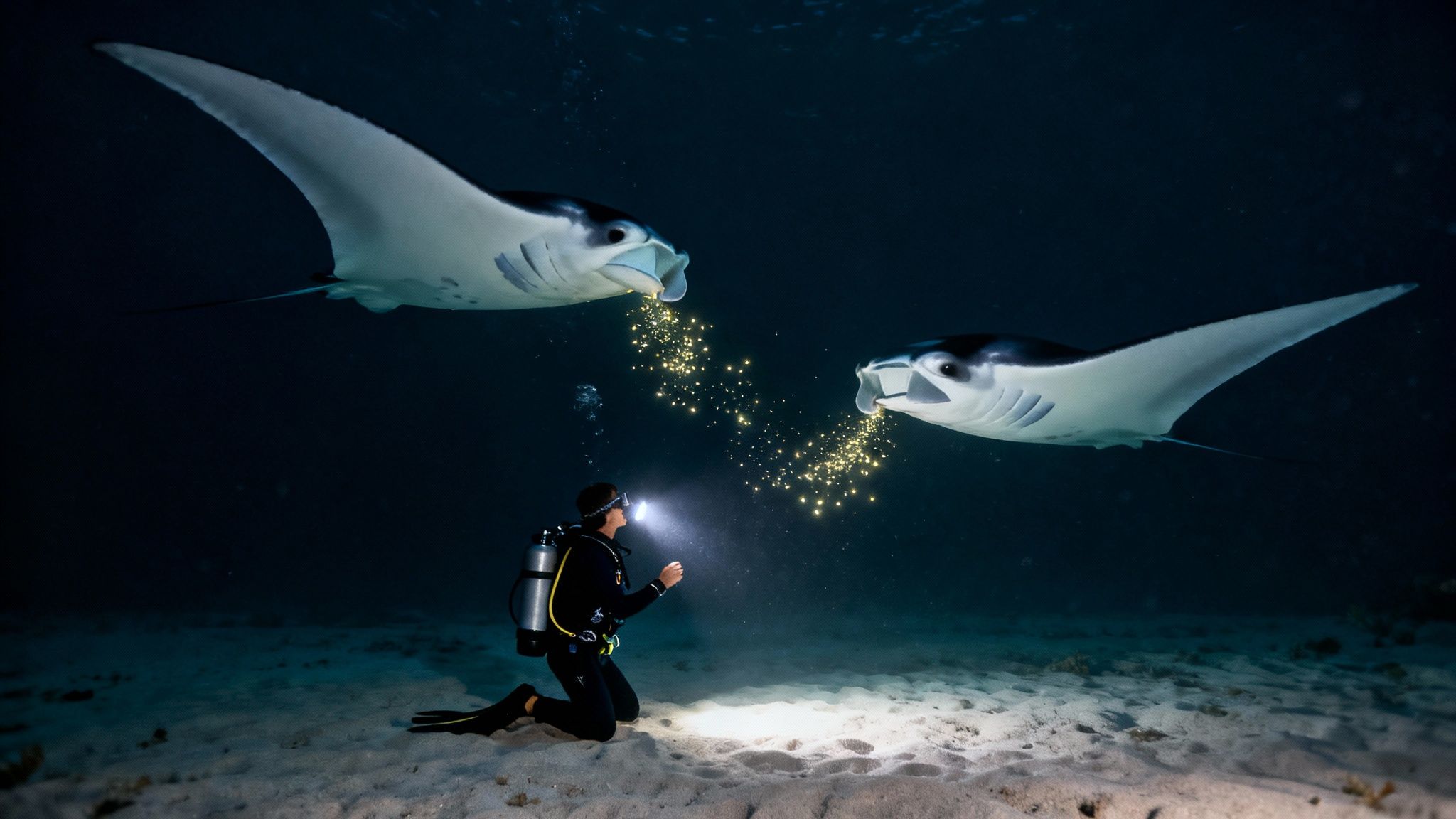 Scuba diver kneels on sandy seabed illuminating two majestic manta rays feeding on glowing plankton.