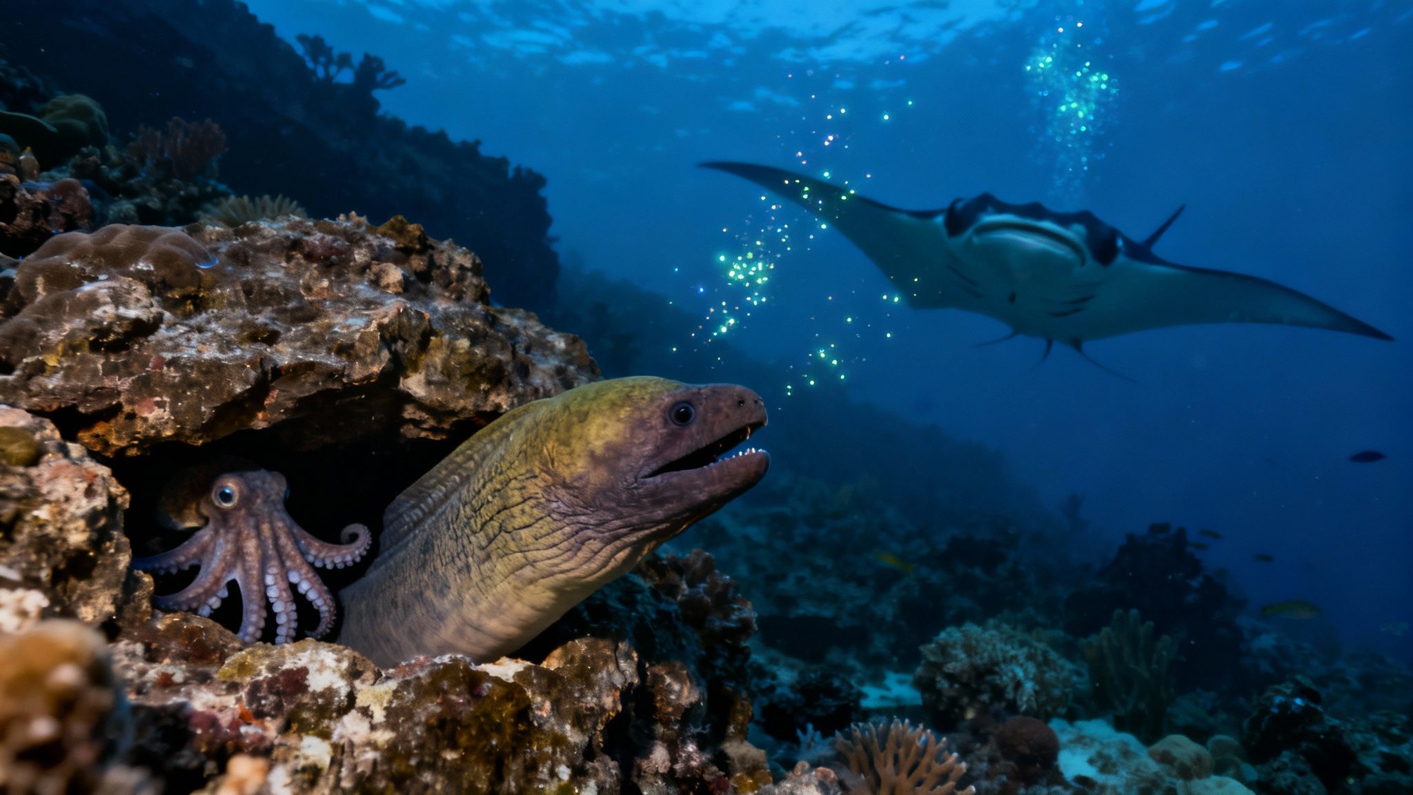 A small, translucent larval fish drifts in the deep black water at night, showcasing the unique life found on a blackwater dive.