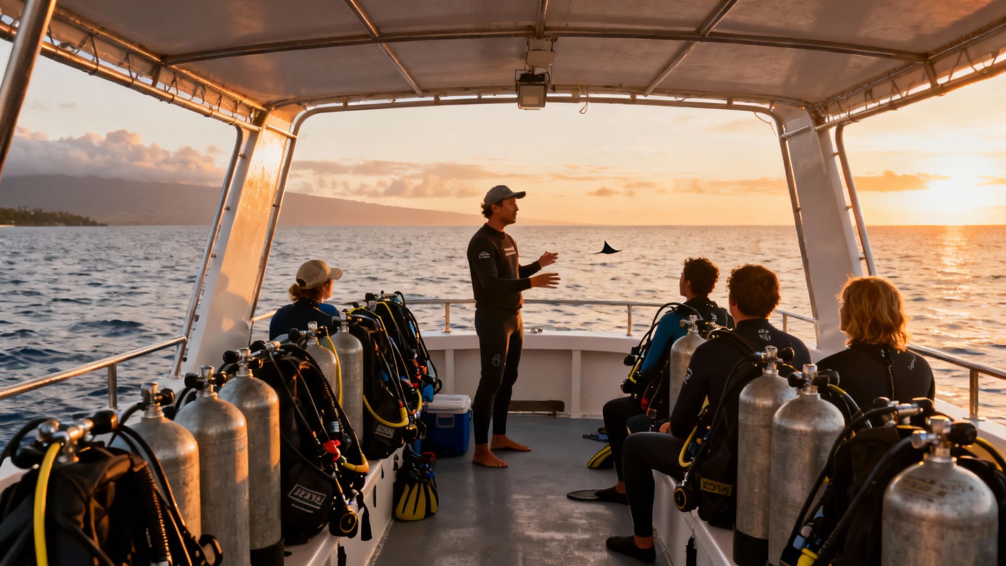 A dive instructor explains the plan to divers on a boat at sunset, with a manta ray visible.