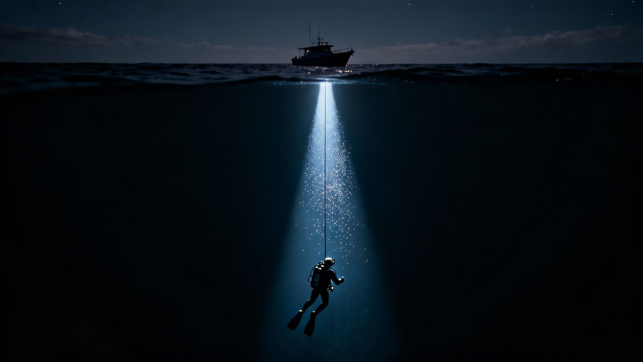 A lone scuba diver descends into deep, dark water with a light beam from a boat above.