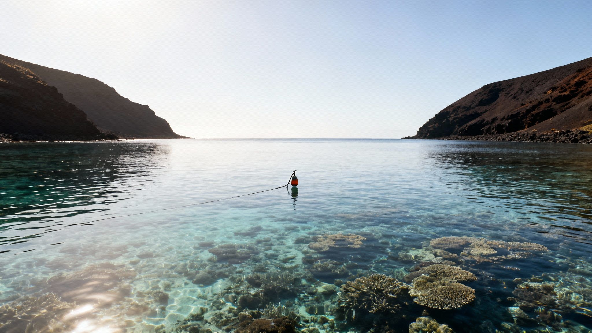Clear turquoise water reveals a vibrant coral reef in a serene volcanic island bay with an orange buoy.