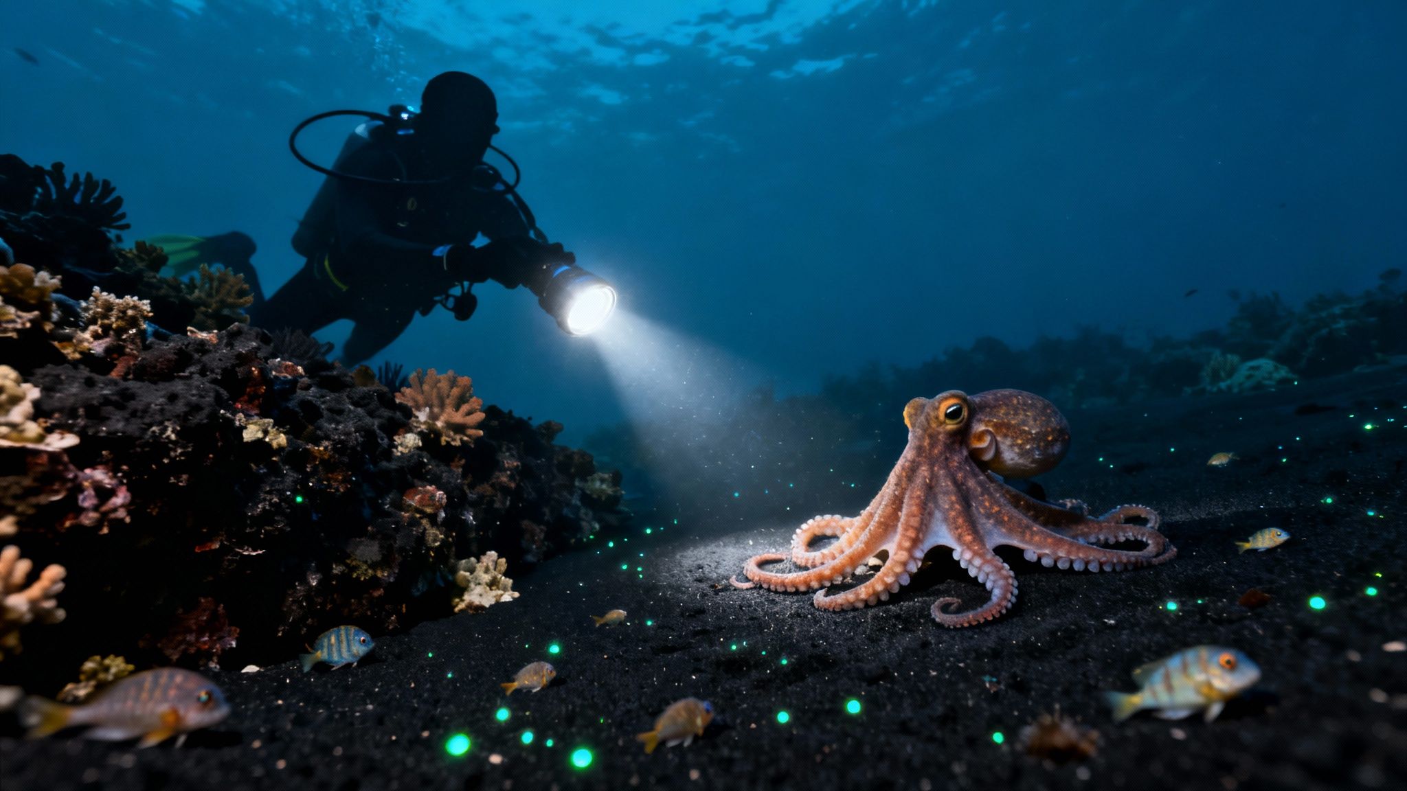 A giant manta ray gracefully swims over a group of scuba divers during a night dive at Garden Eel Cove.