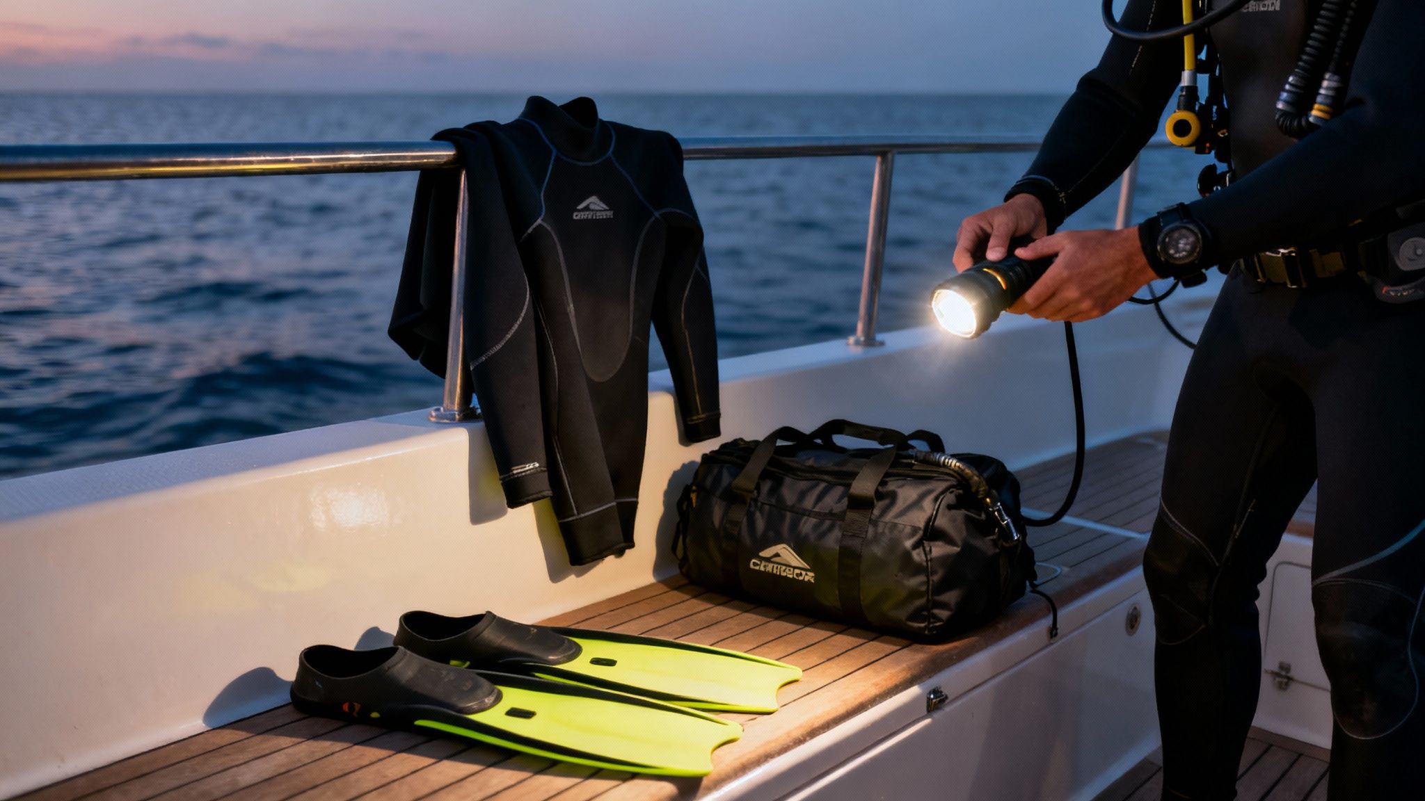 A group of divers preparing their gear on a boat at sunset before a manta ray night dive in Kona.