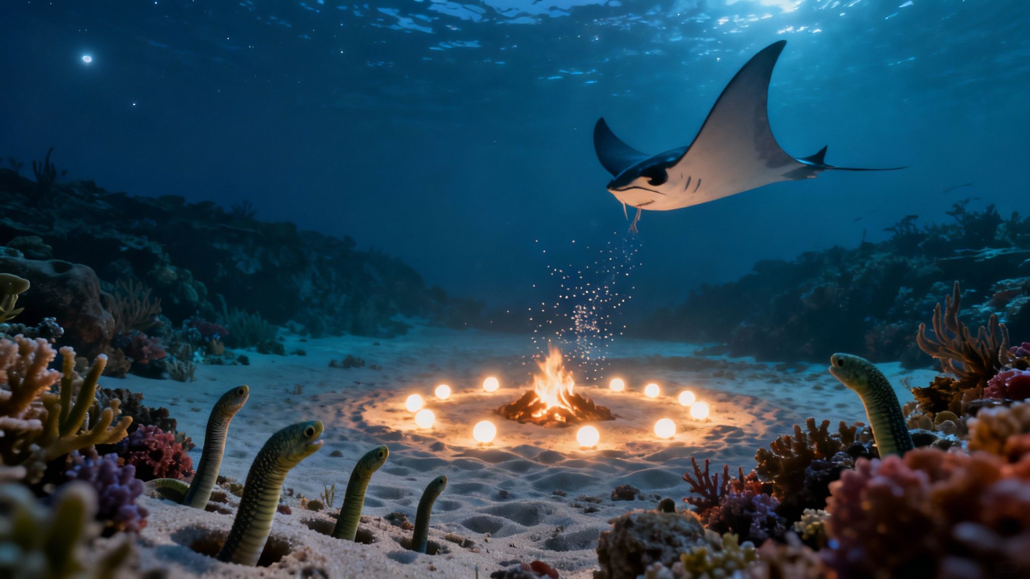 A manta ray swims above a magical underwater bonfire circled by glowing orbs and garden eels.