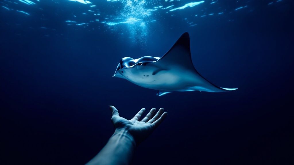 A scuba diver getting ready on a boat at sunset.