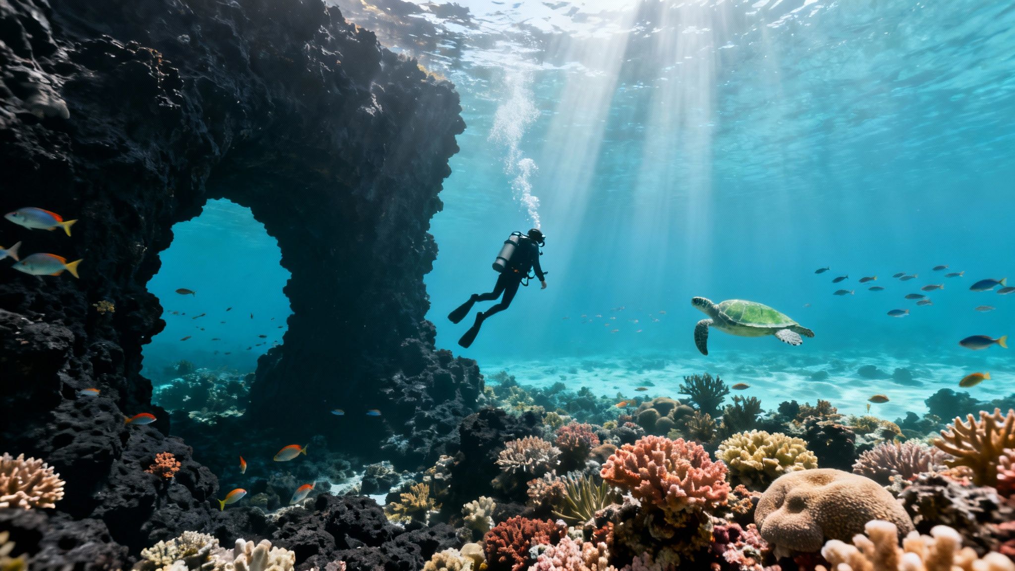 A scuba diver explores a vibrant coral reef with a sea turtle and fish near an underwater arch, bathed in sunlit water.