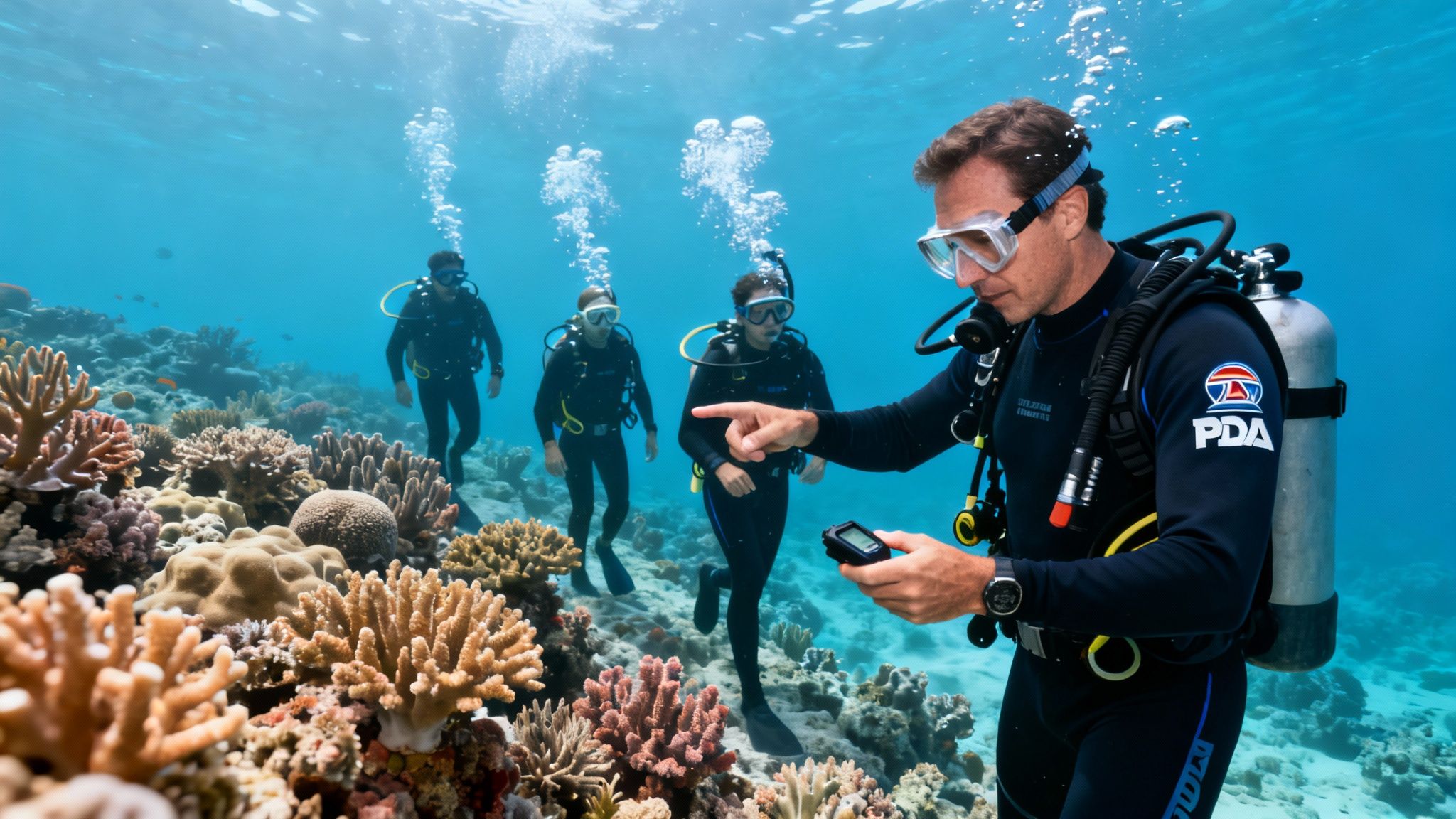 A dive instructor points while three students observe a vibrant coral reef during a diving lesson.