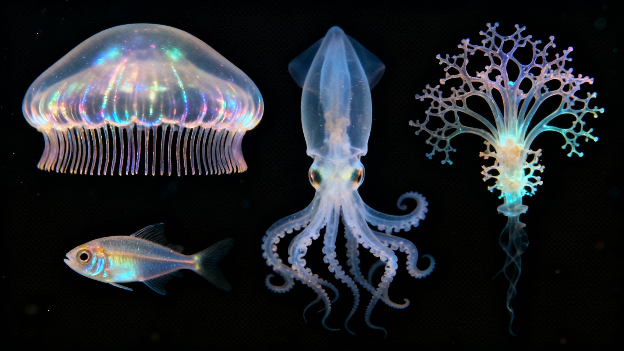 A collection of beautiful, translucent, and glowing deep-sea creatures including a jellyfish, squid, and fish.