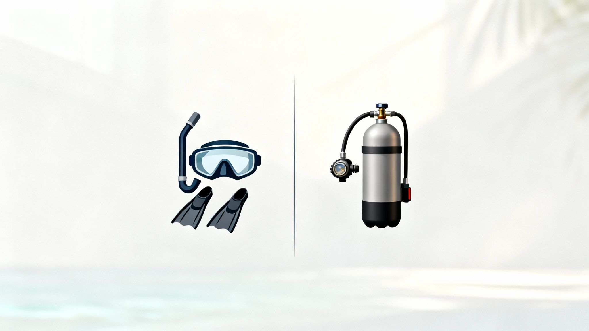 A split-screen image showing snorkelers on one side and divers on the other, both observing manta rays