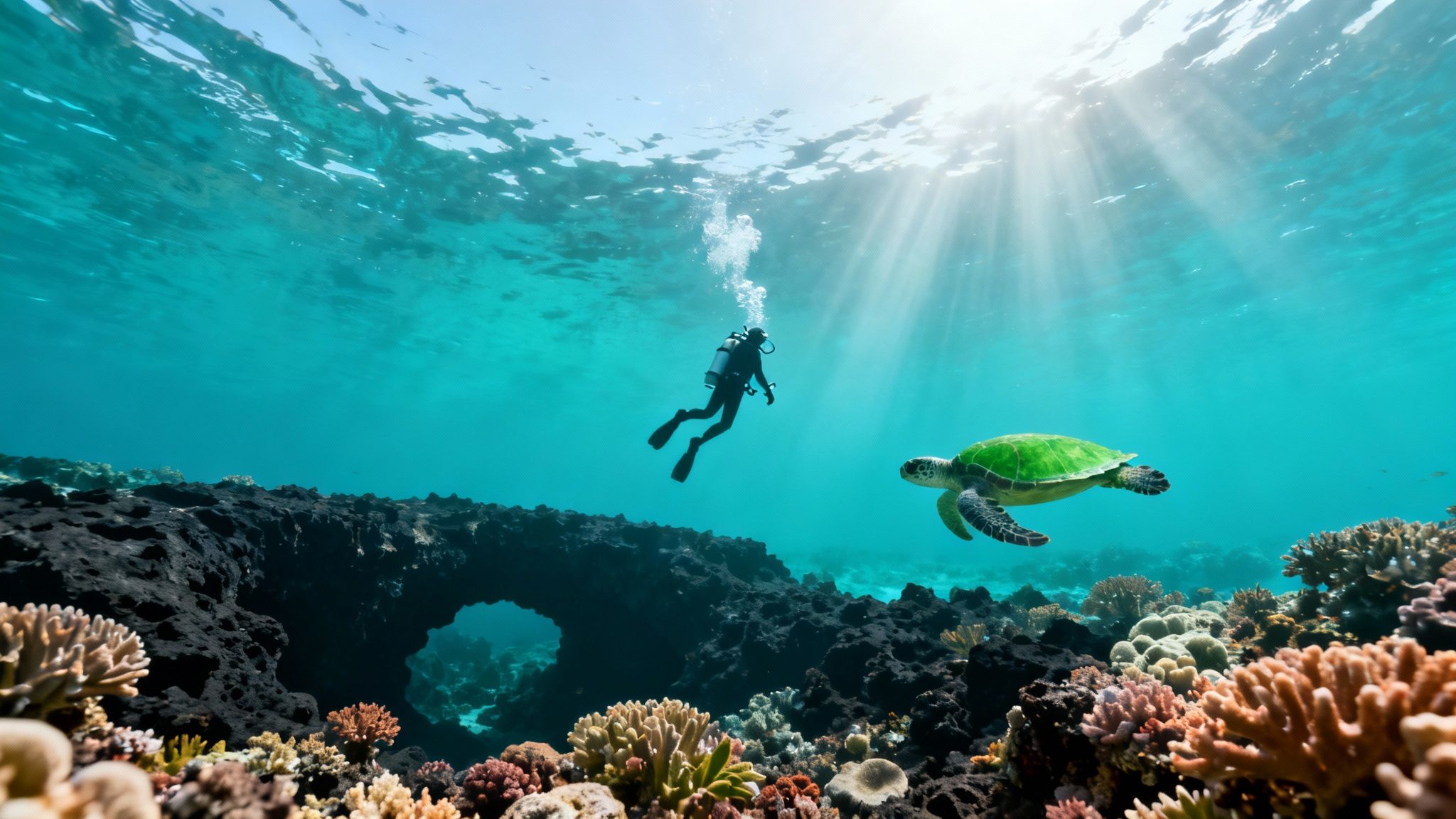 A scuba diver observes a green sea turtle swimming over vibrant coral reefs in clear blue water with sun rays.