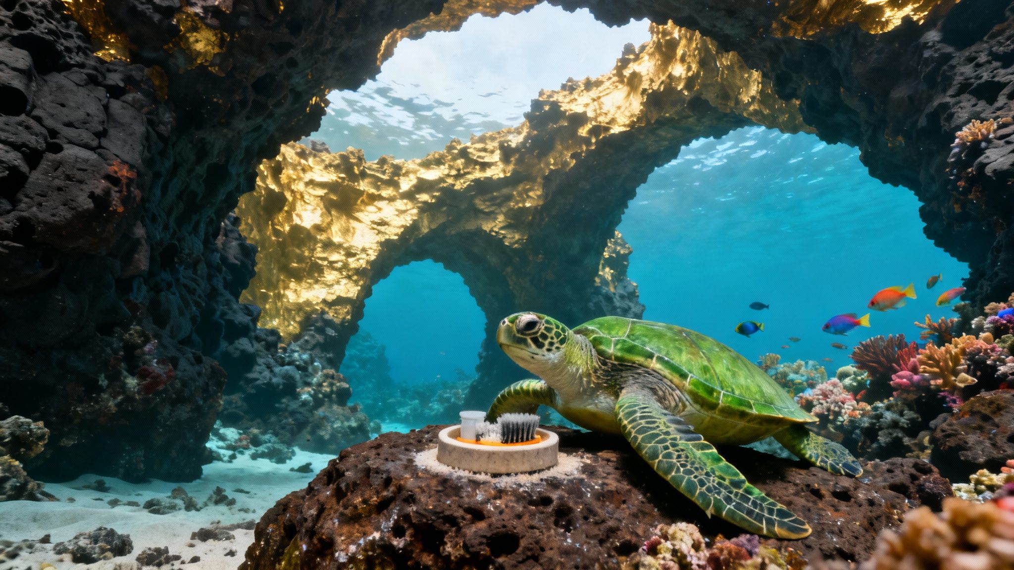 A school of yellow tang fish swims over a healthy coral reef in Kona, Hawaii.