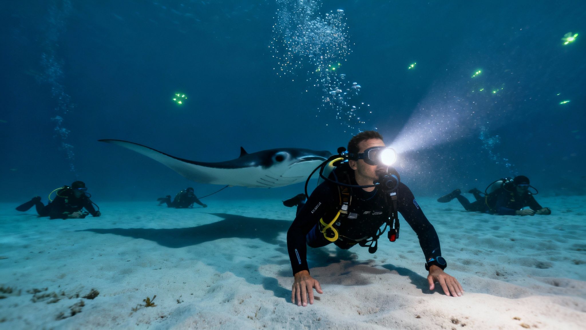Scuba divers on the ocean floor with a manta ray and bright lights during a night dive.